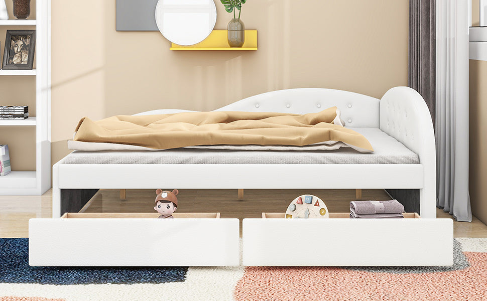 Full Size PU Upholstered Tufted Daybed with Two Drawers and Cloud Shaped Guardrail, White