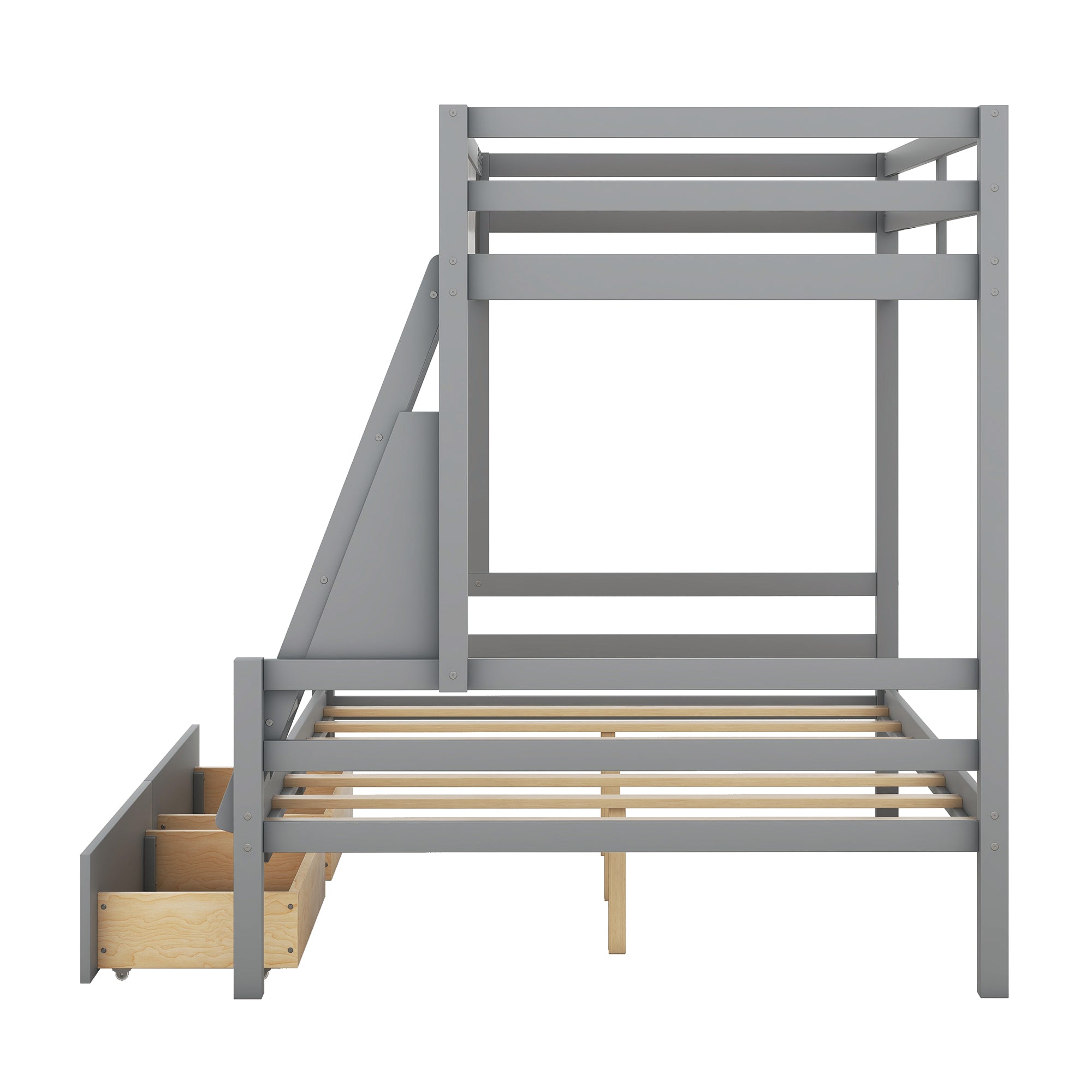 Wood Twin over Full Bunk Bed with Whiteboard, 3 Hooks and 2 Drawers, Grey