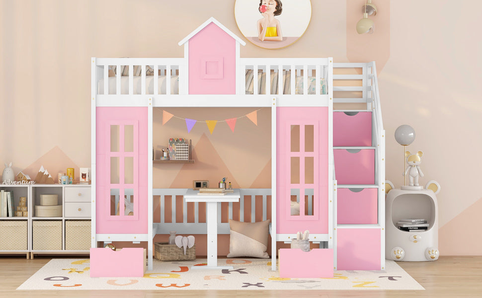 Twin-Over-Twin Bunk Bed with Changeable Table , Bunk Bed Turn into Upper Bed and Down Desk with 2 Drawers - Pink