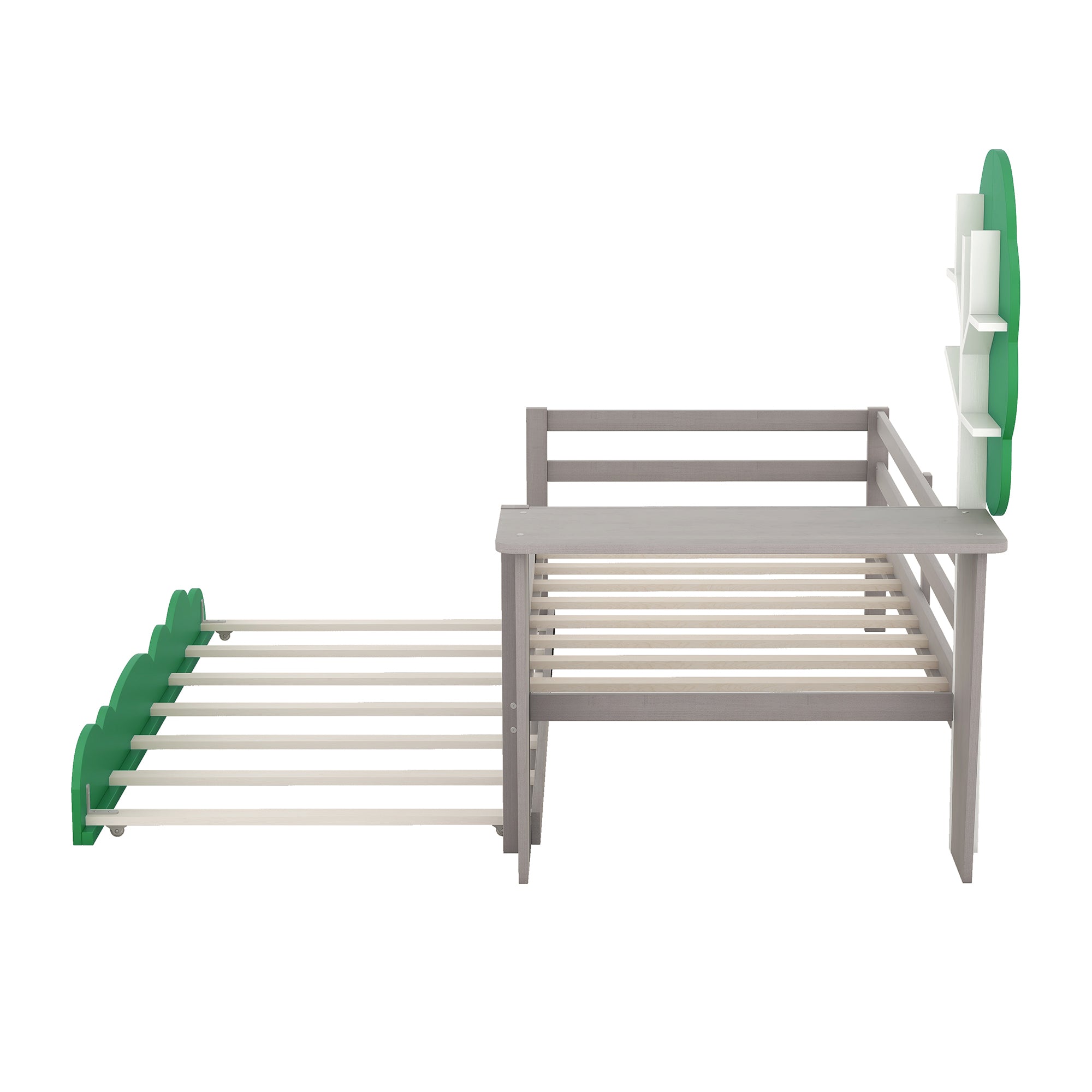 Twin Size Daybed with Desk, Green Tree Shape Shelves and Trundle, Gray