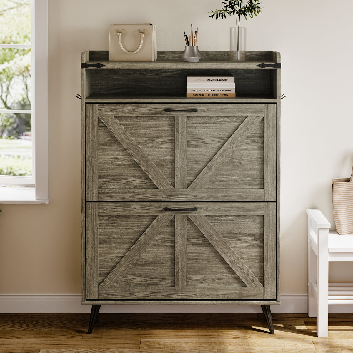 Farmhouse Shoe Rack, Freestanding Shoe Cabinet with 2 Flip Drawers for Entryway