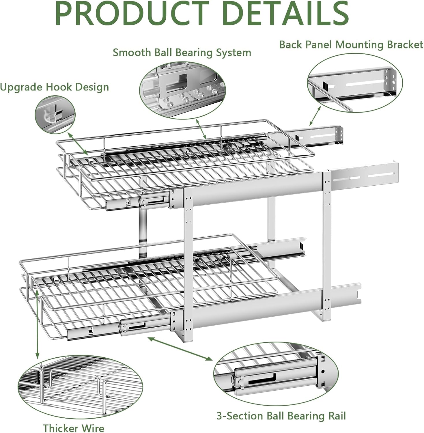 2 Tier Individual Pull Out Cabinet Organizer 13½" W x 21½" D, Heavy Duty Cabinet Pull Out Shelves