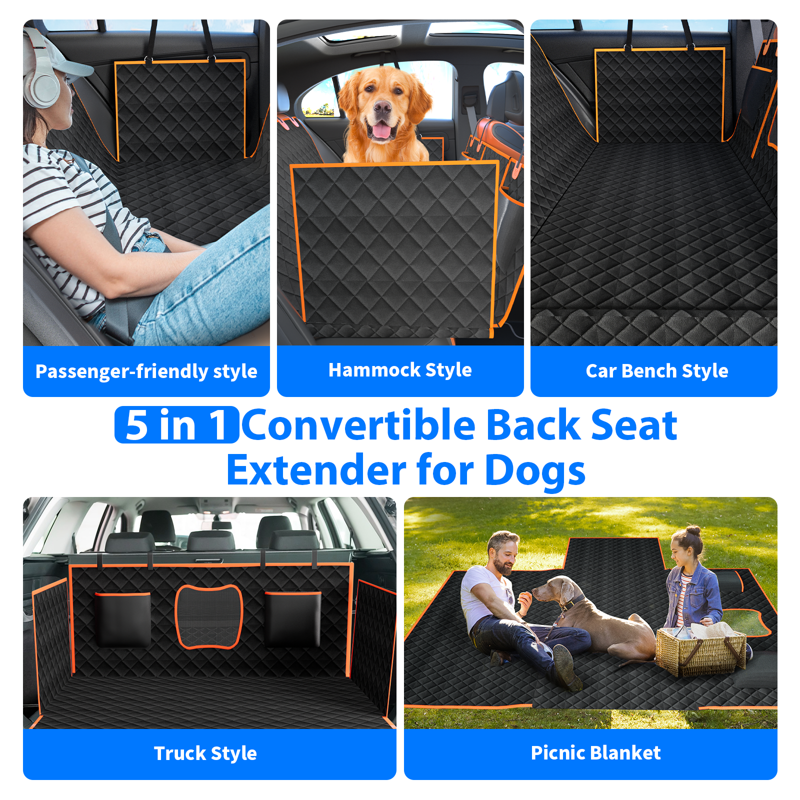 Dog Car Seat with Detachable Hard Bottom, Waterproof Back Seat Extender for Dogs