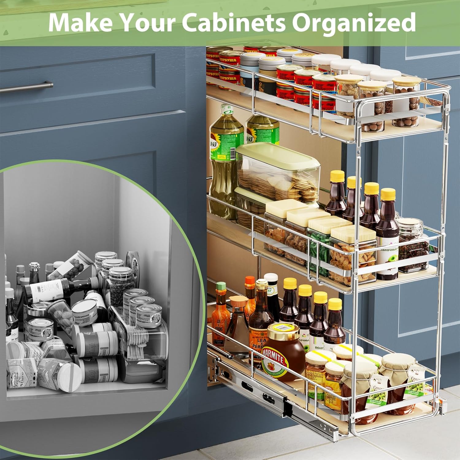 3-Tier Pull Out Cabinet Organizer Spice Rack for Narrow Cabinet 5" W x 20½" D