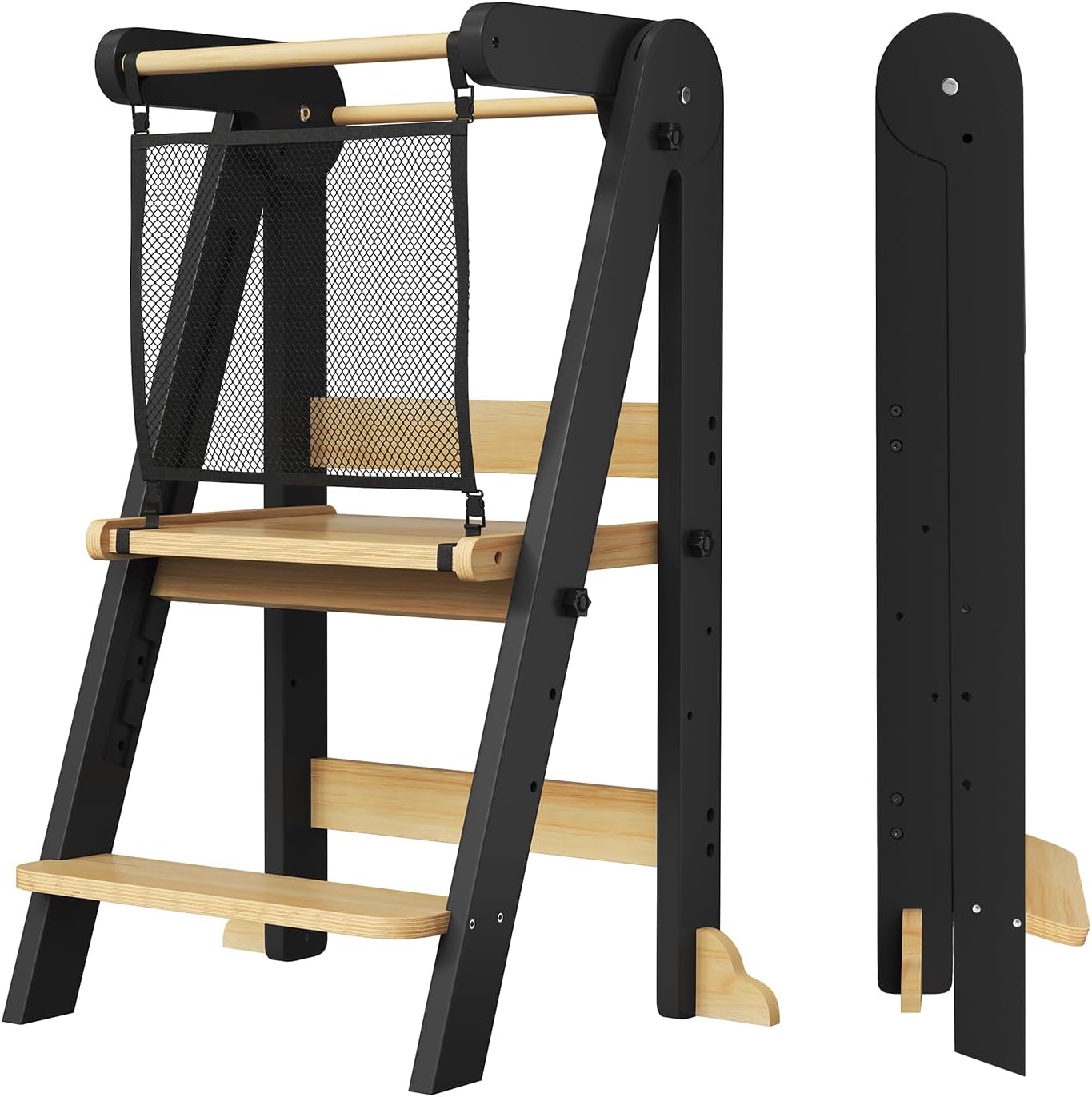 Foldable Toddler Kitchen Tower, 3 Adjustable Height Wooden Step Stool, Toddler Standing Tower with Safety Net
