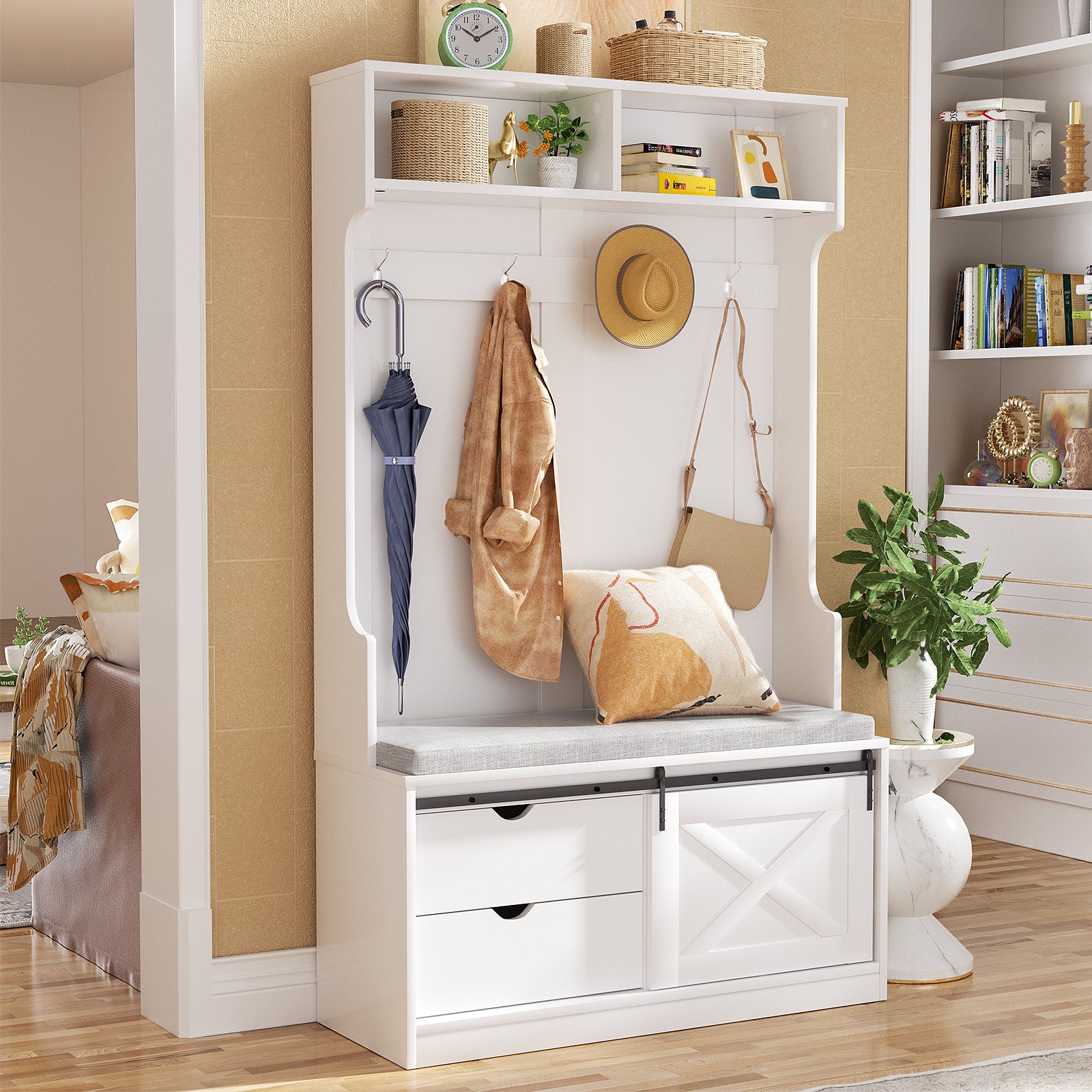 Branda Entryway Hall Tree with Bench and Shoe Storage, Coat Rack with Bench Shoe Storage with Slide Organizer Cabinet Drawer Barn Door and Adjustable Shelf