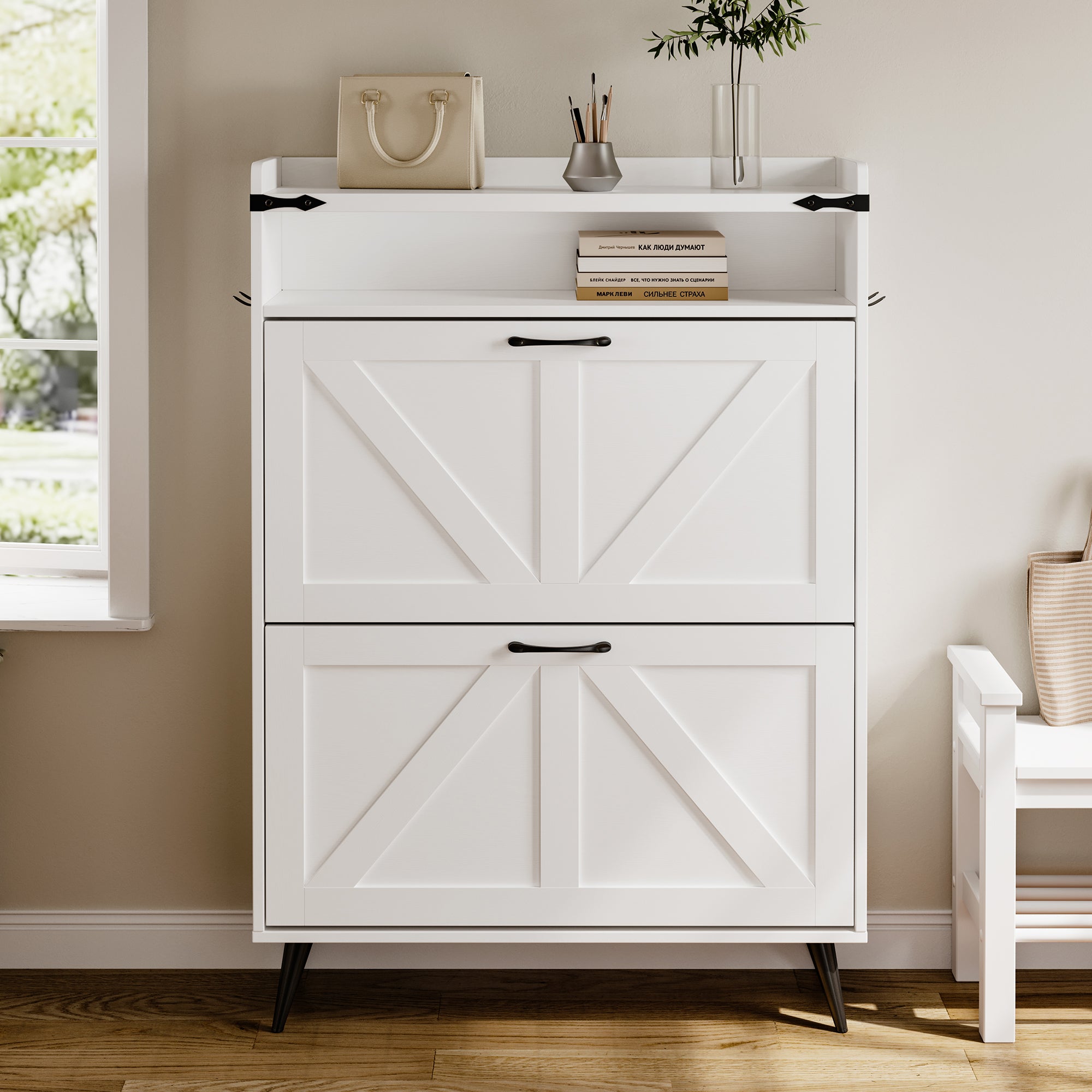 Farmhouse Shoe Rack, Freestanding Shoe Cabinet with 2 Flip Drawers for Entryway