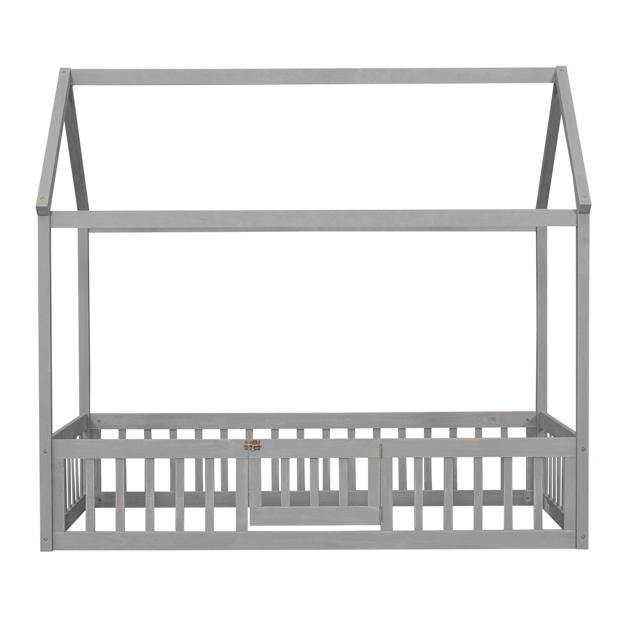 Twin Size Wood House Bed with Fence and Door, Gray Wash