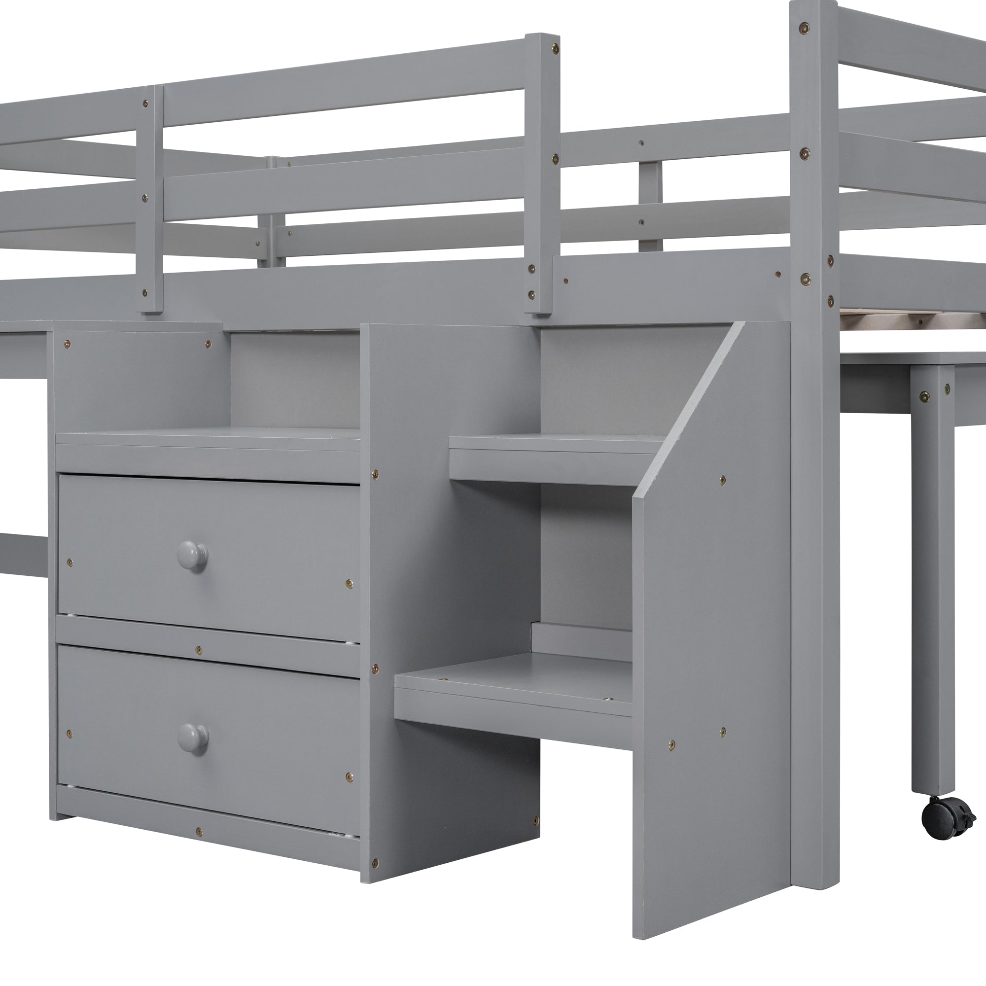 Twin Size Loft Bed with Desk and Drawers, Wooden Loft Bed with Lateral Portable Desk, Gray