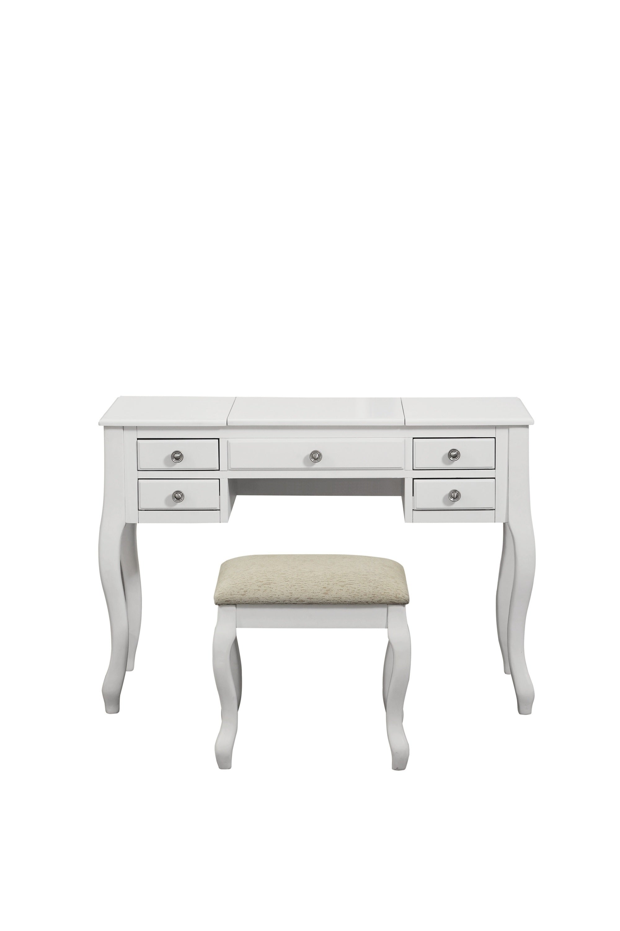 Classic 1pc Vanity Set w Stool White Color Drawers Open-up Mirror Bedroom Furniture Unique Legs Cushion Seat Stool Vanity