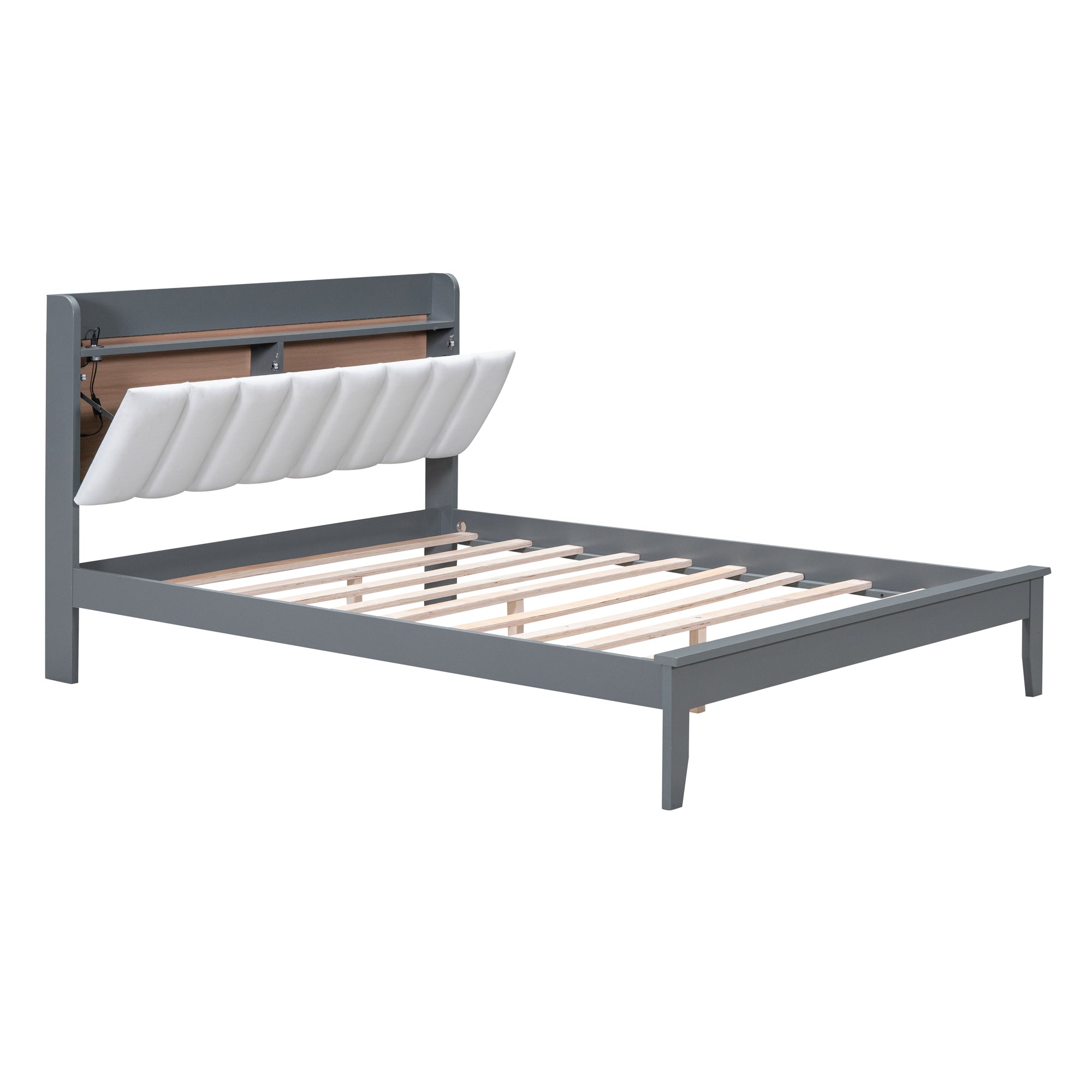 Full size Platform Bed with USB Charging Station and Storage Upholstered Headboard,LED Bed Frame,No Box Spring Needed,Gray+White