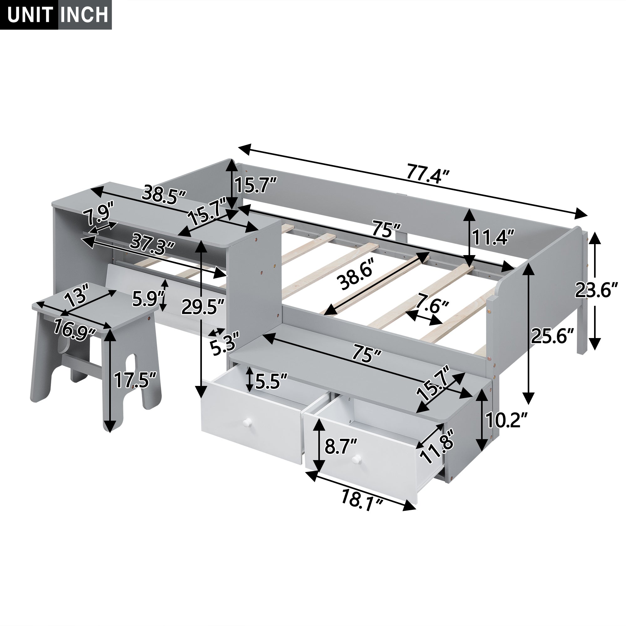 Wood Twin Size Platform Bed with 2 Drawers and 1 Chair&Desk Set, Gray+White(Expected Arrival Time: 11.22)