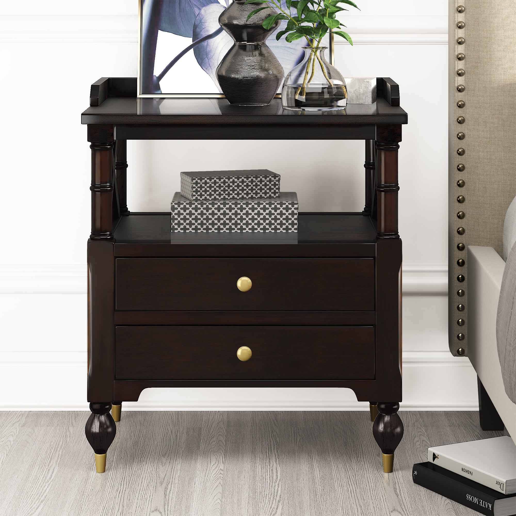 3 Pieces Bedroom Set Modern Linen Curved Upholstered Beige Platform Full Bed with Two Black Cherry Nightstands