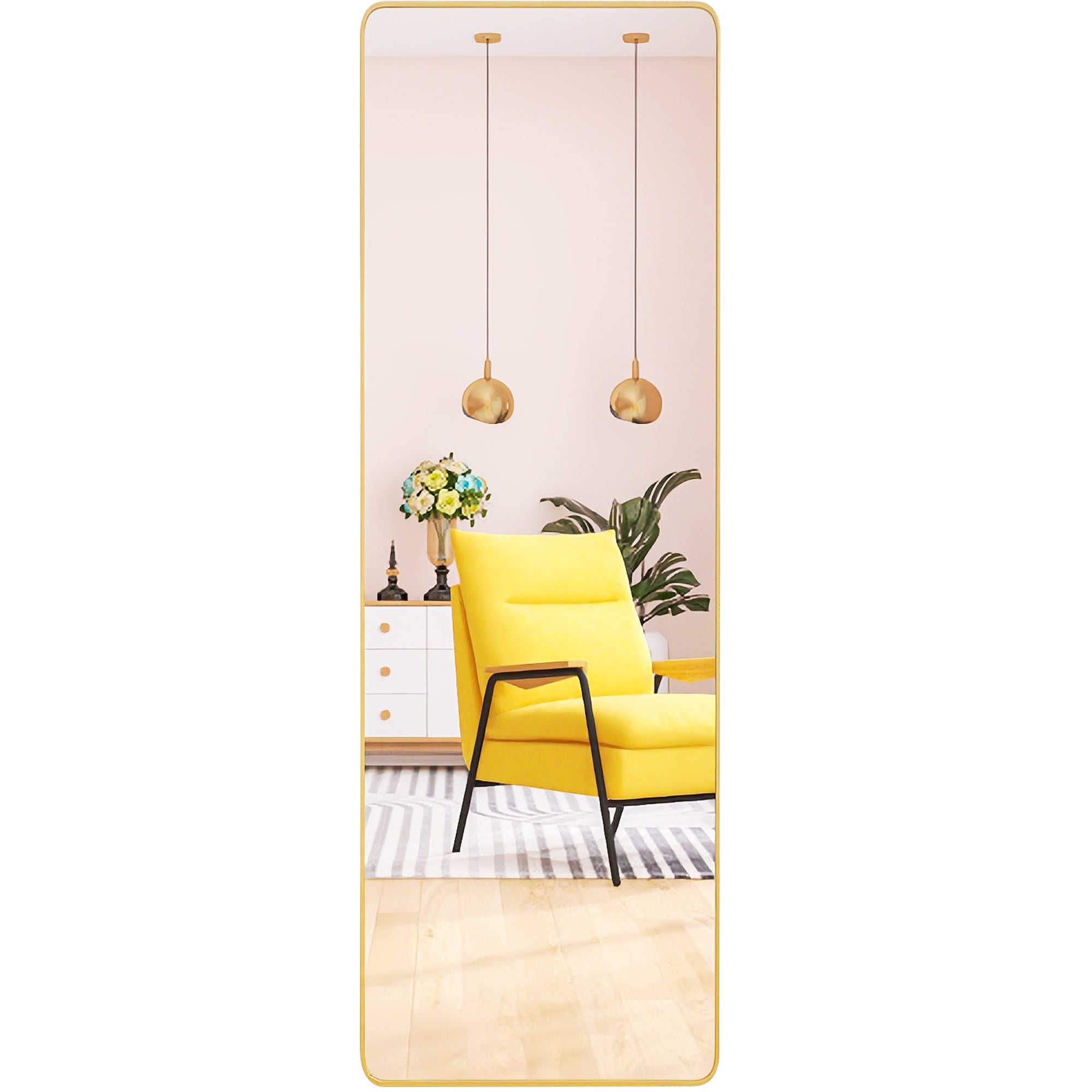 square rounded corners Full Length Mirror Floor Mirror Hanging Standing or Leaning, Bedroom Mirror Wall-Mounted Mirror Dressing Mirror with Gold Aluminum Alloy Frame,65" x 22"