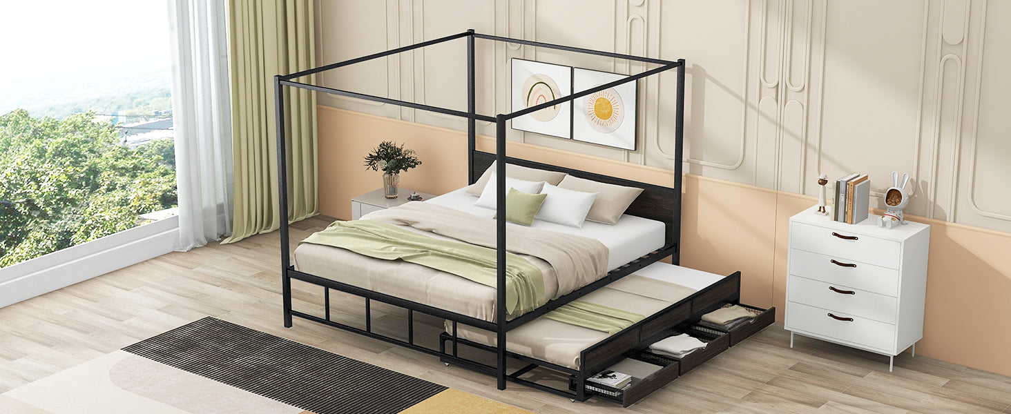 Queen Size Metal Canopy Platform Bed with Twin Size Trundle and 3 Storage Drawers, Black