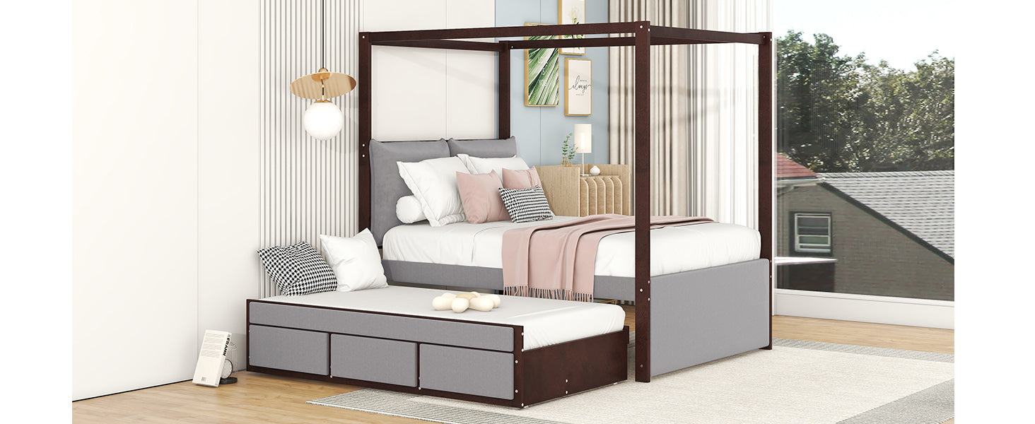 Full Size Upholstered Canopy Bed with Trundle and 3 Drawers, Gray