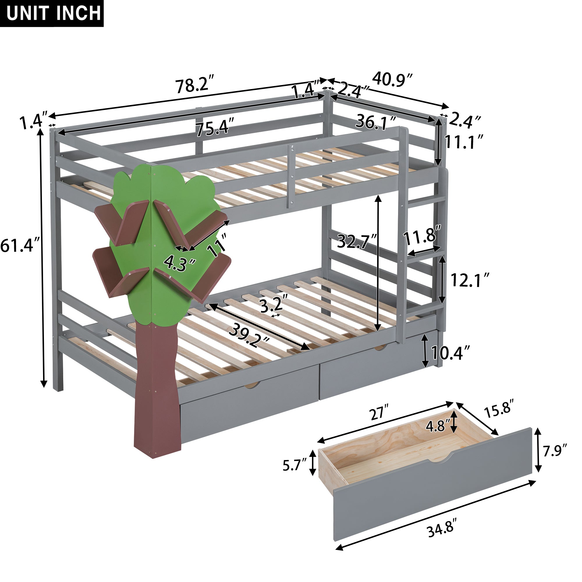 Twin-Over-Twin Bunk Bed with a Tree Decor and Two Storage Drawers, Gray