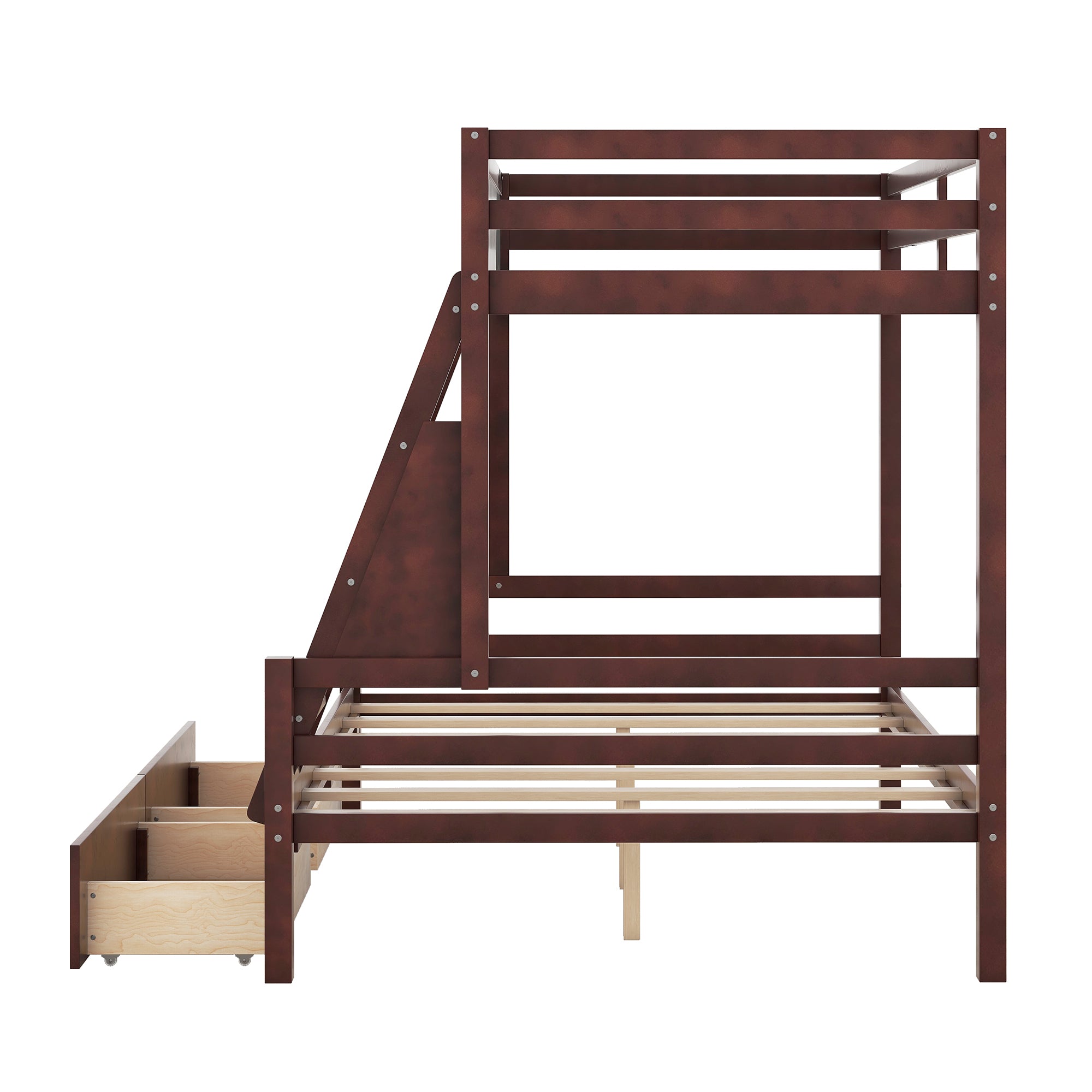 Wood Twin over Full Bunk Bed with Whiteboard, 3 Hooks and 2 Drawers, Espresso