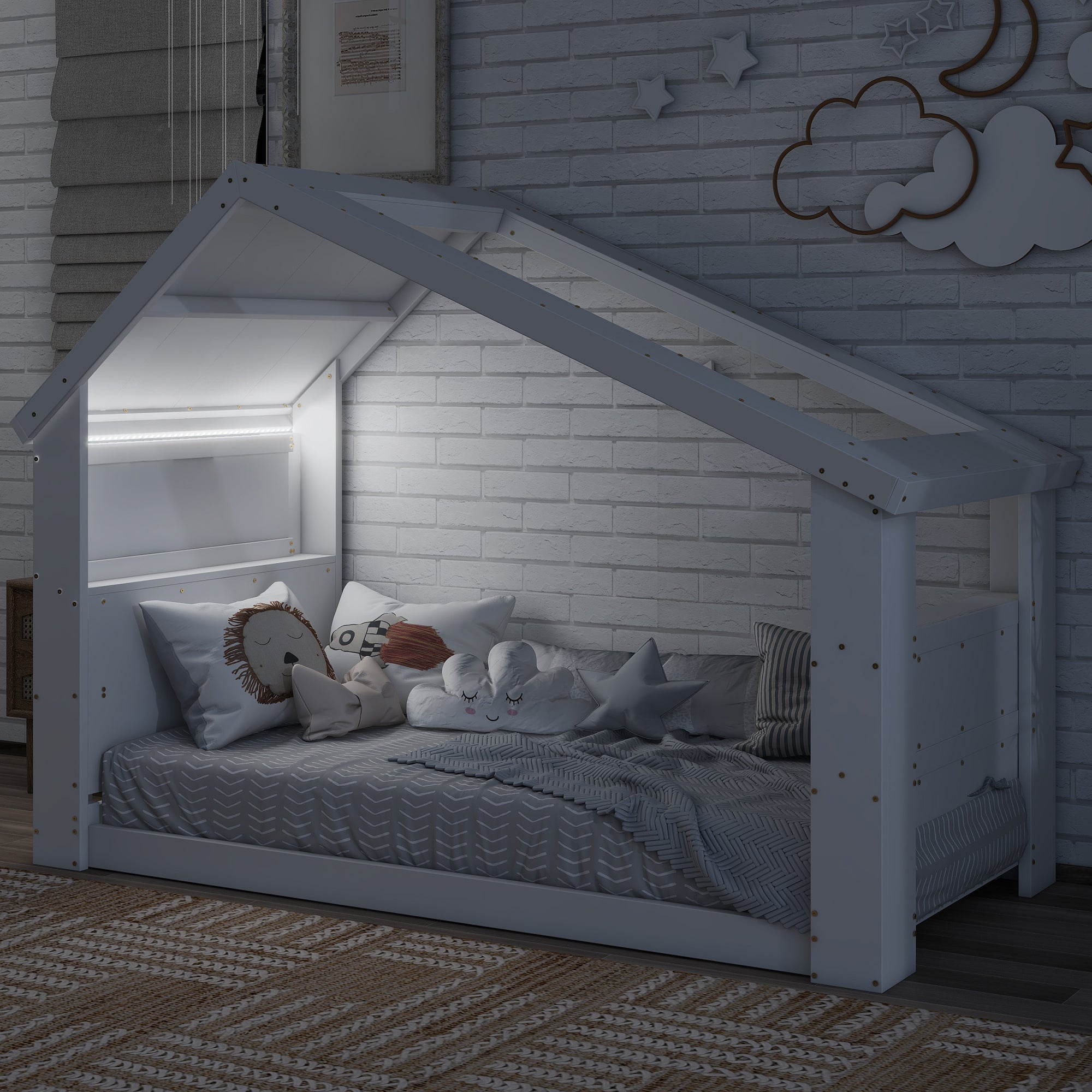 Twin House Floor Bed with Roof Window, LED Light,White