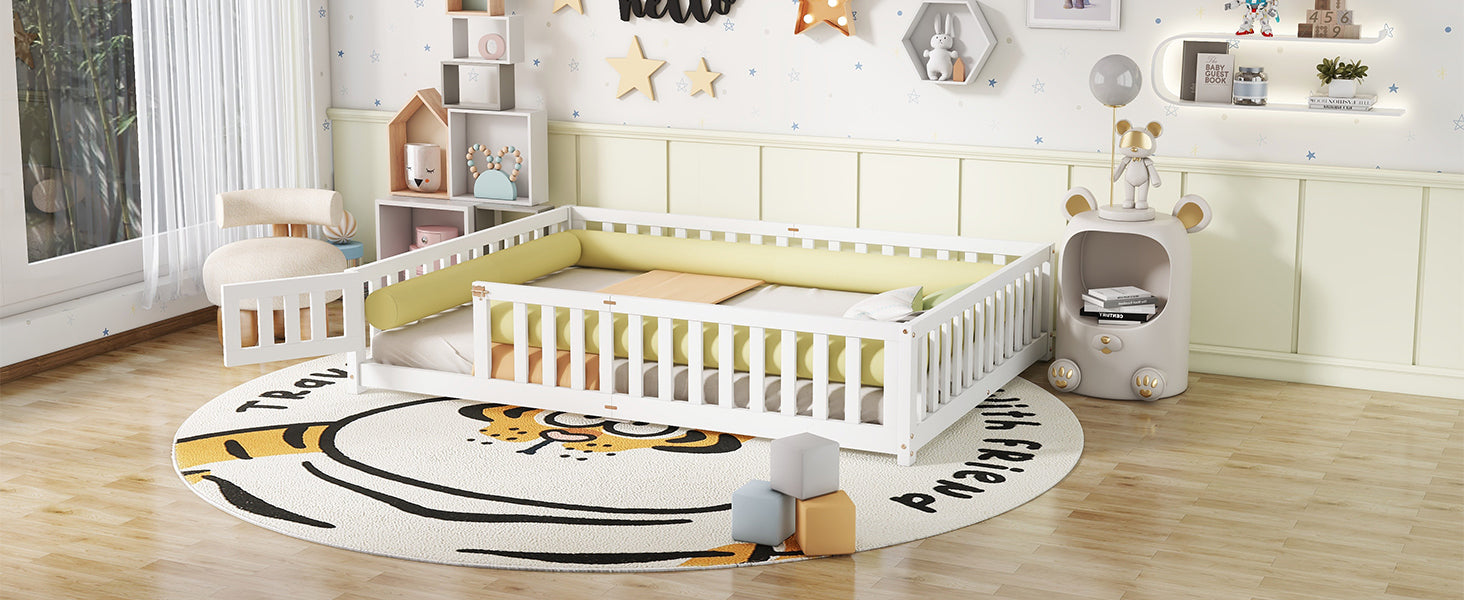 Queen Size Bed Floor Bed with Safety Guardrails and Door for Kids, White (Expect Arrival Date Nov.2nd)