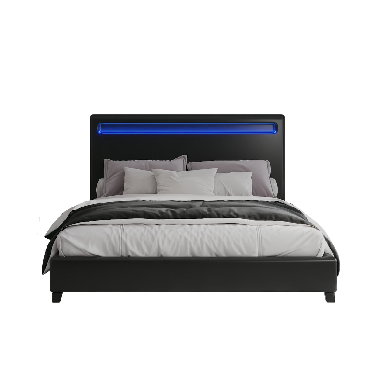 Queen Size Faux Leather Upholstered Platform Bed Frame with LED lighting, Wood Slat Support, No Box Spring Needed, Black