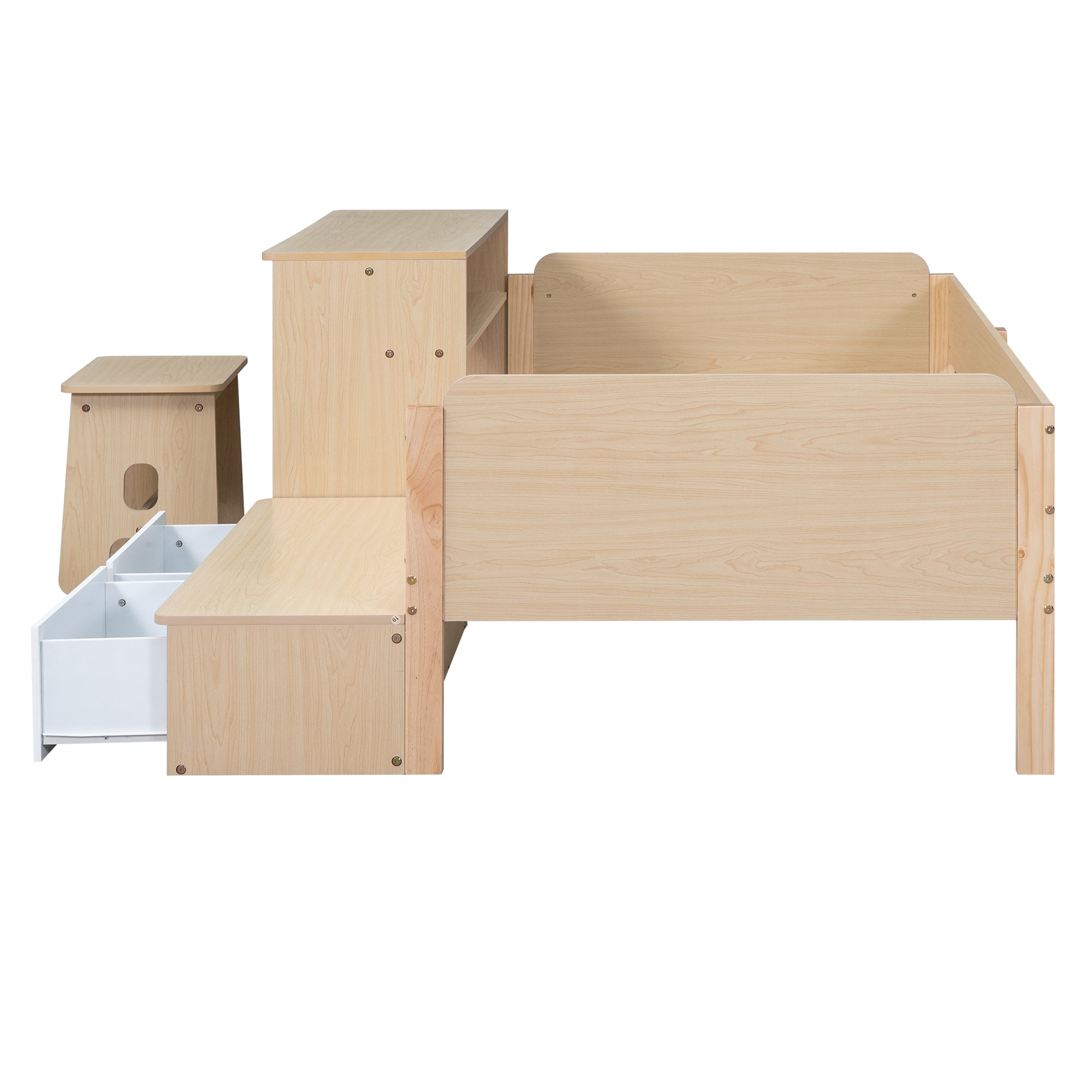 Wood Twin Size Platform Bed with 2 Drawers and 1 Chair&Desk Set, Natural+White(Expected Arrival Time: 11.22)
