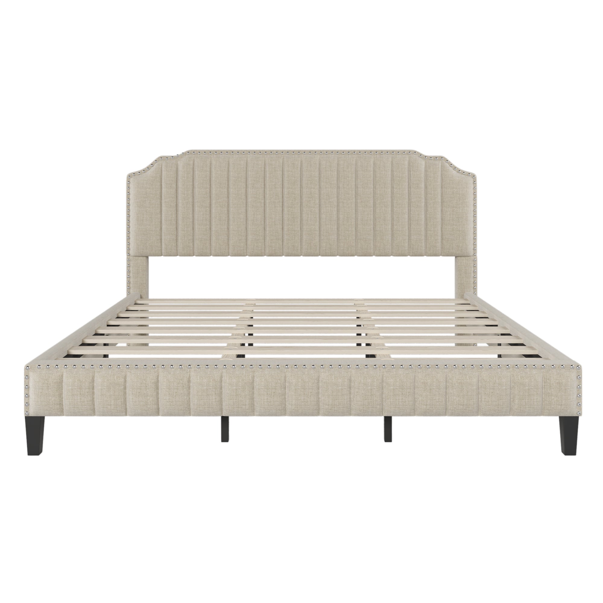 3 Pieces Bedroom Set Modern Linen Curved Upholstered Beige Platform King Bed with Two Black Cherry Nightstands