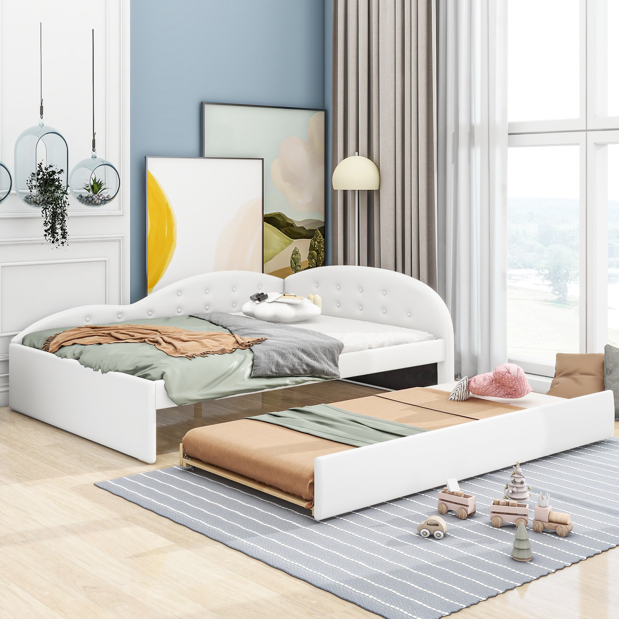 Full Size PU Upholstered Tufted Daybed with Trundle and Cloud Shaped Guardrail, White