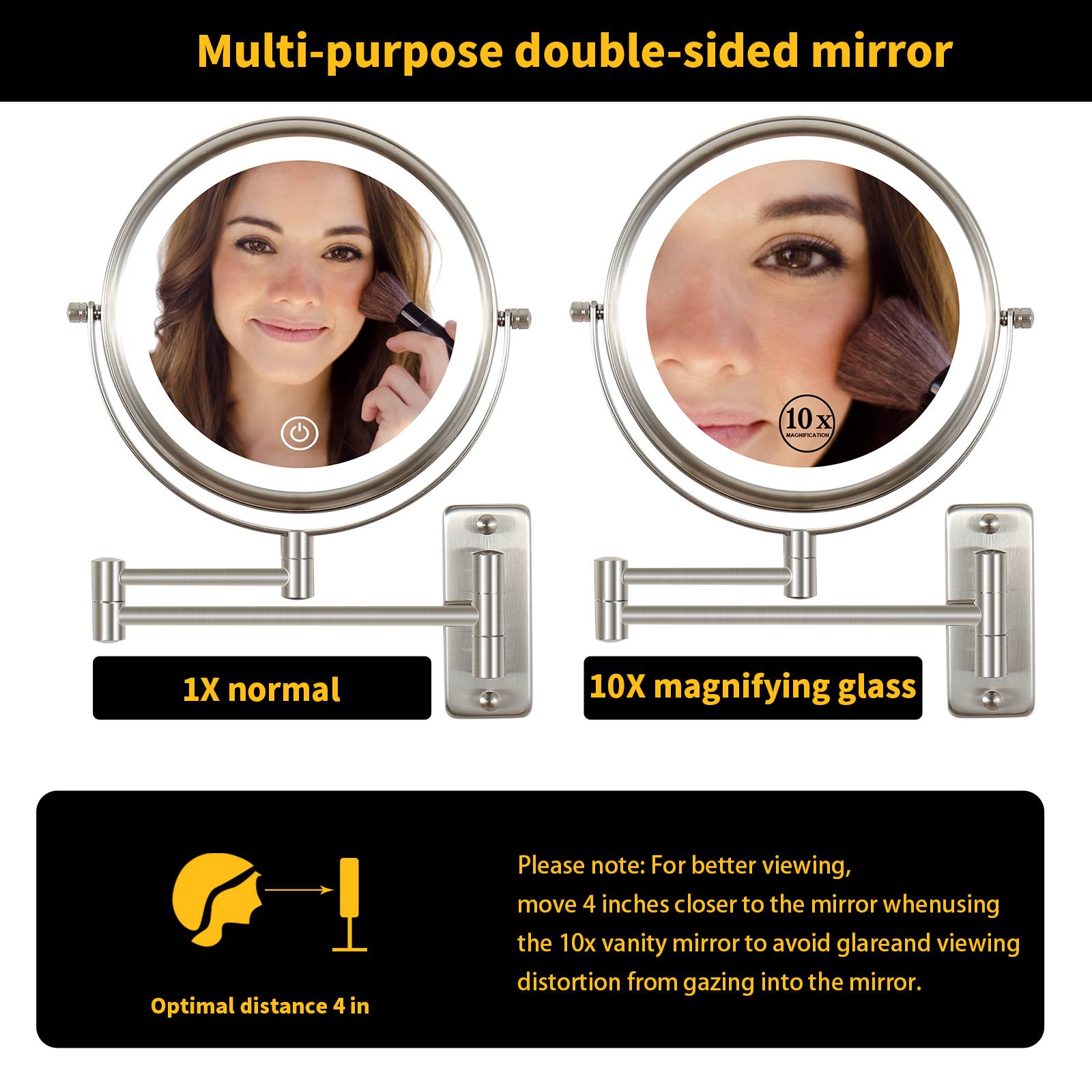 8 Inch Wall-Mounted Makeup Mirror, Double Sided 1x/10x Magnifying Makeup Mirror, 3 Colour Lights Touch Screen Dimmable Bathroom Mirror, 360° Swivel Vanity Mirror Built-In Battery (Brushed Nickel)