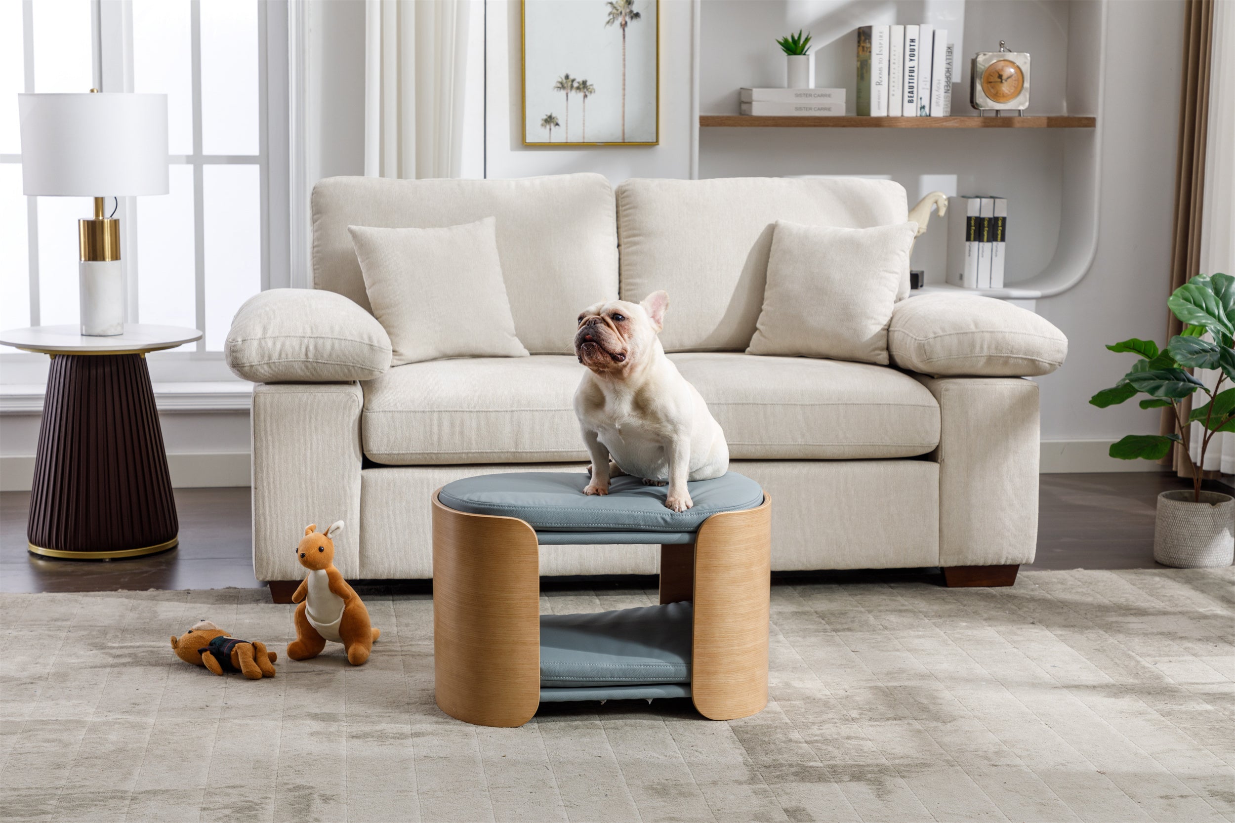 DOUBLE LIFT Cat Bed Pet Sofa With Solid Wood legs and Bent Wood Back, Cat Scratch Resistant PU Cushion,Mid Size,LIGHT GREY