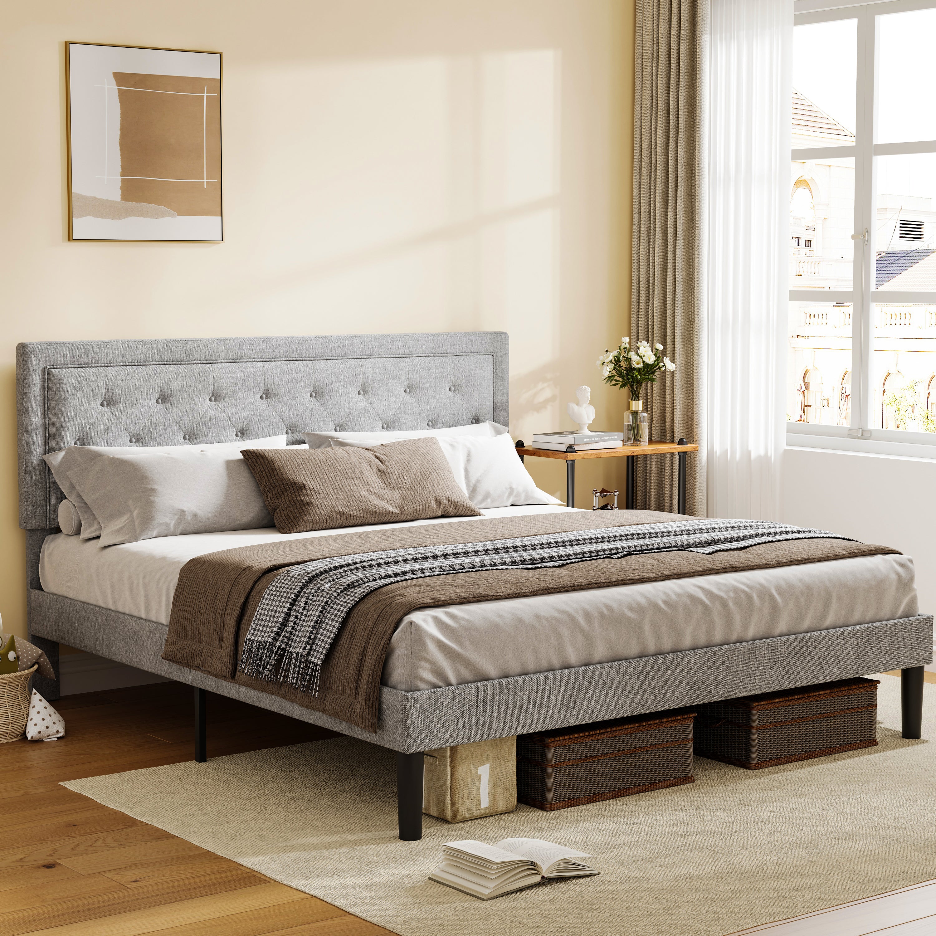 Light Grey Bed Frame with Adjustable Border Headboard King Size