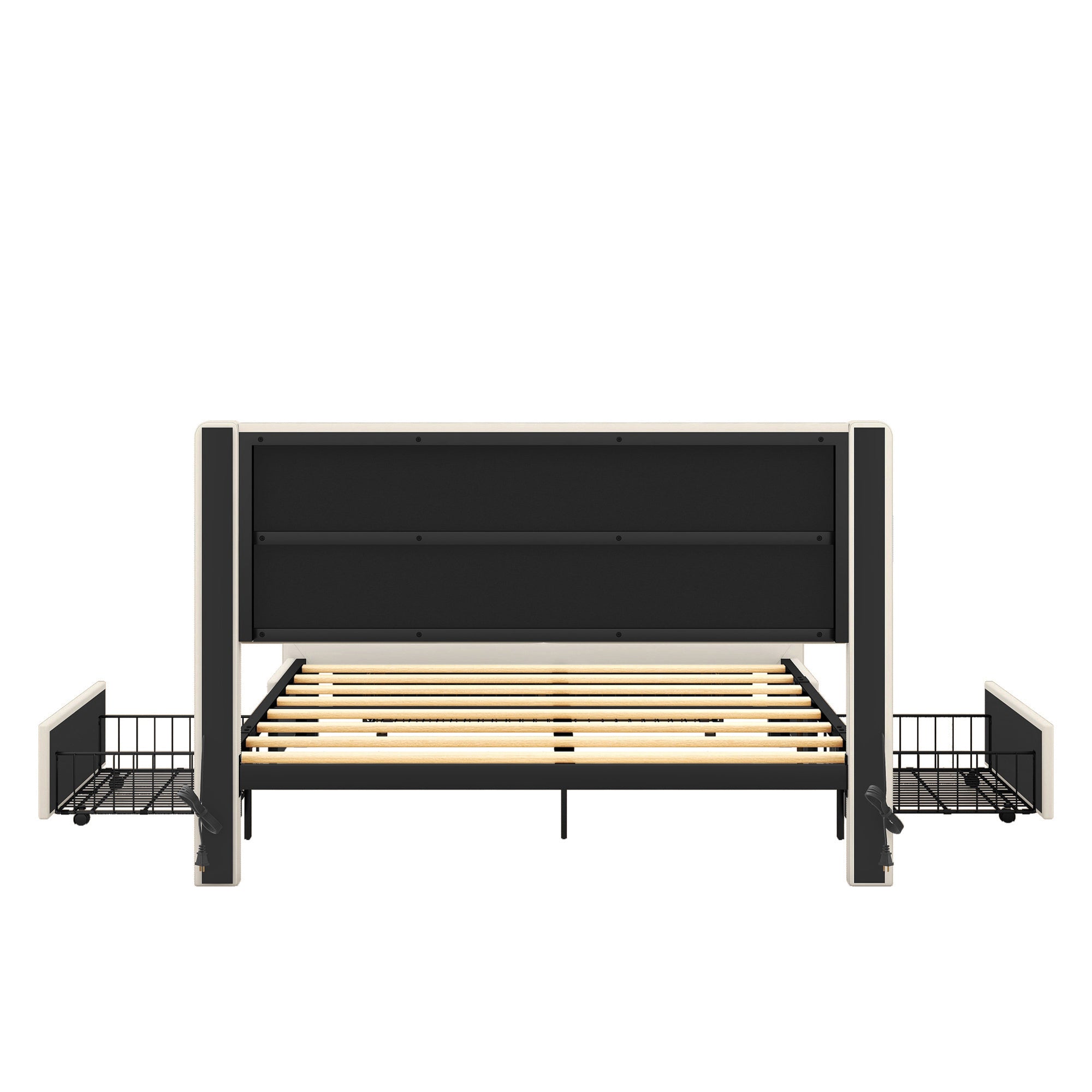 Queen Size Bed Frame with Drawers Storage, Leather Upholstered Platform Bed with Charging Station,Beige