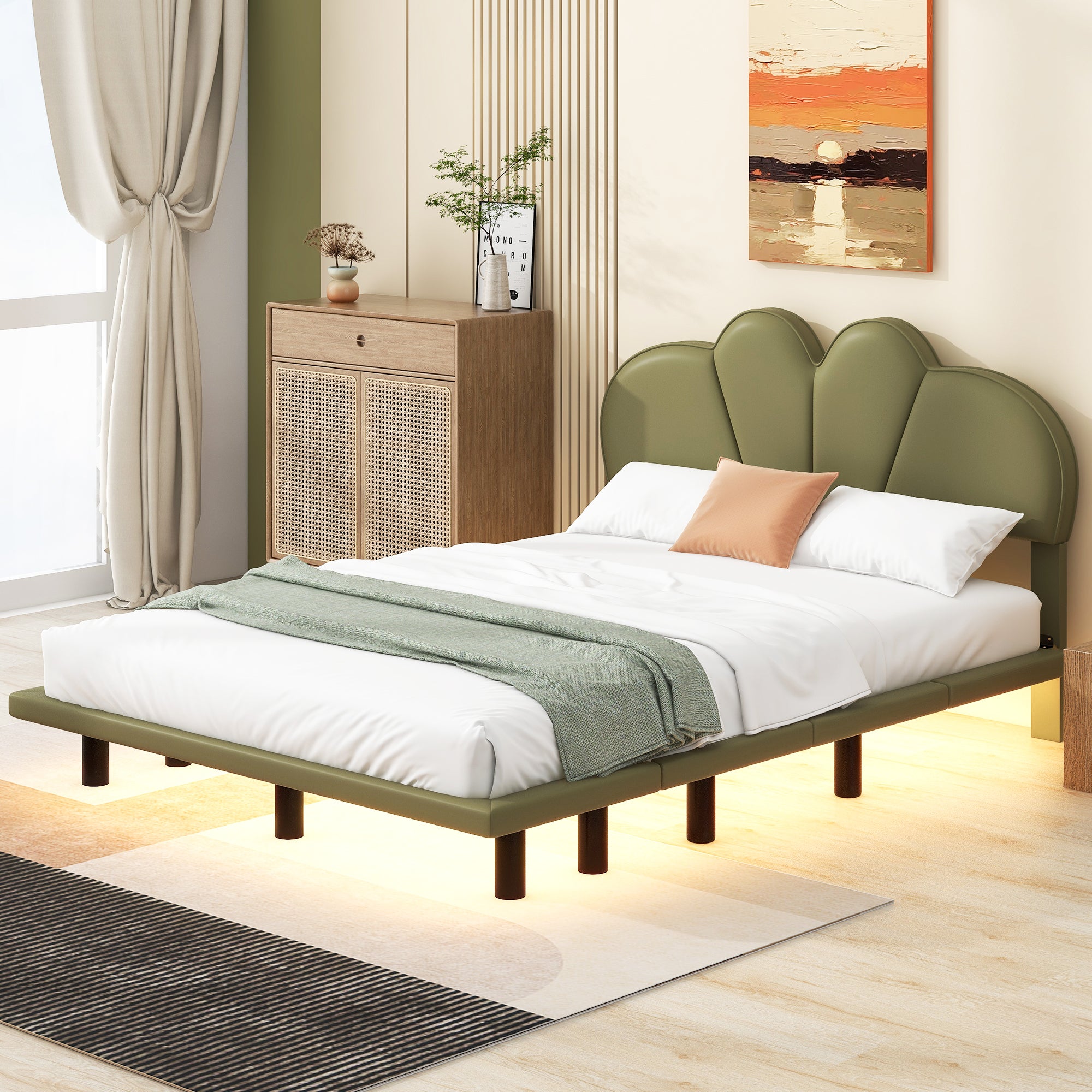 Queen Size Upholstery Platform Bed with PU Leather Headboard and Support Legs,Underbed LED Light,Green