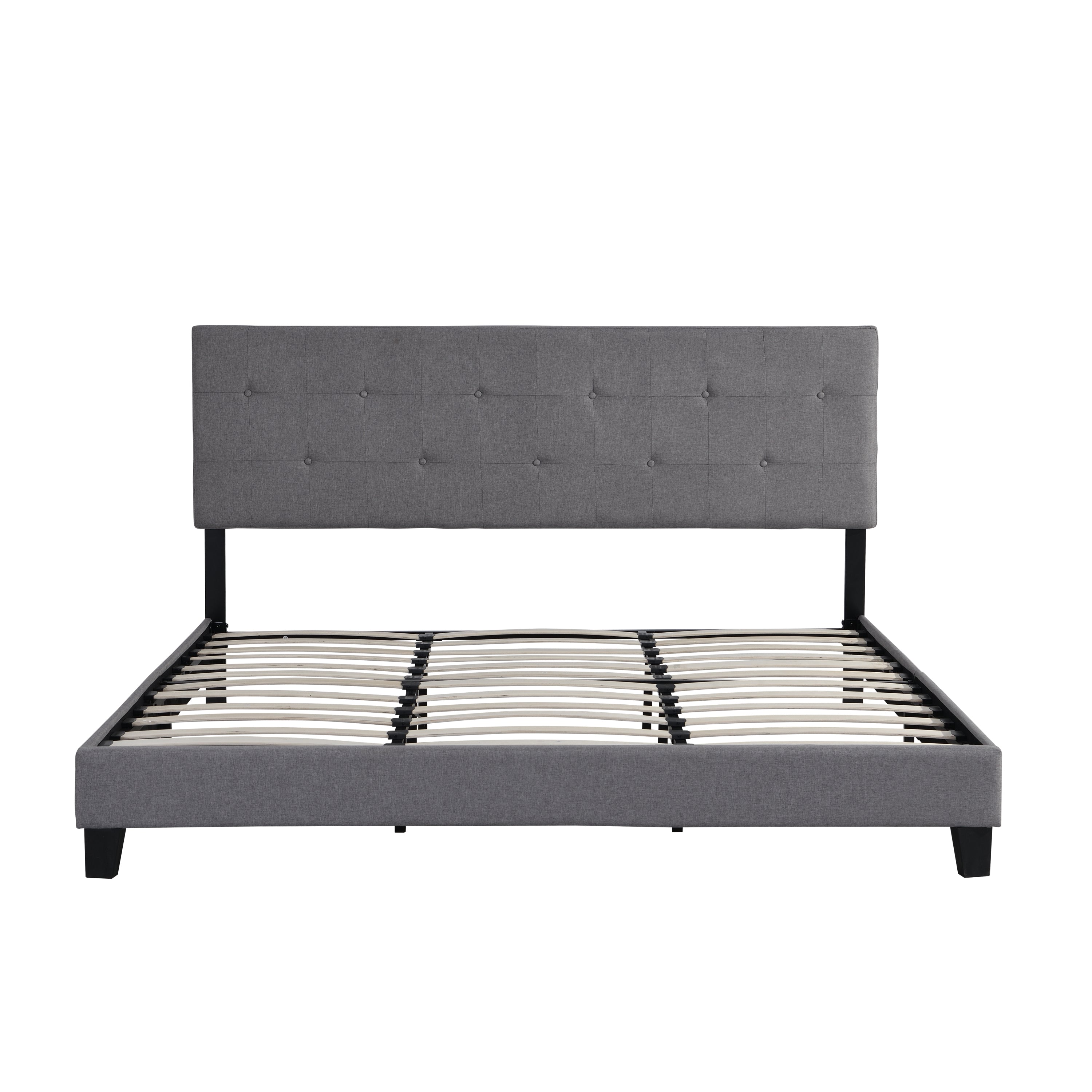King Size Upholstered Platform Bed Frame with Button Tufted Linen Fabric Headboard, No Box Spring Needed, Wood Slat Support, Easy Assembly, Gray