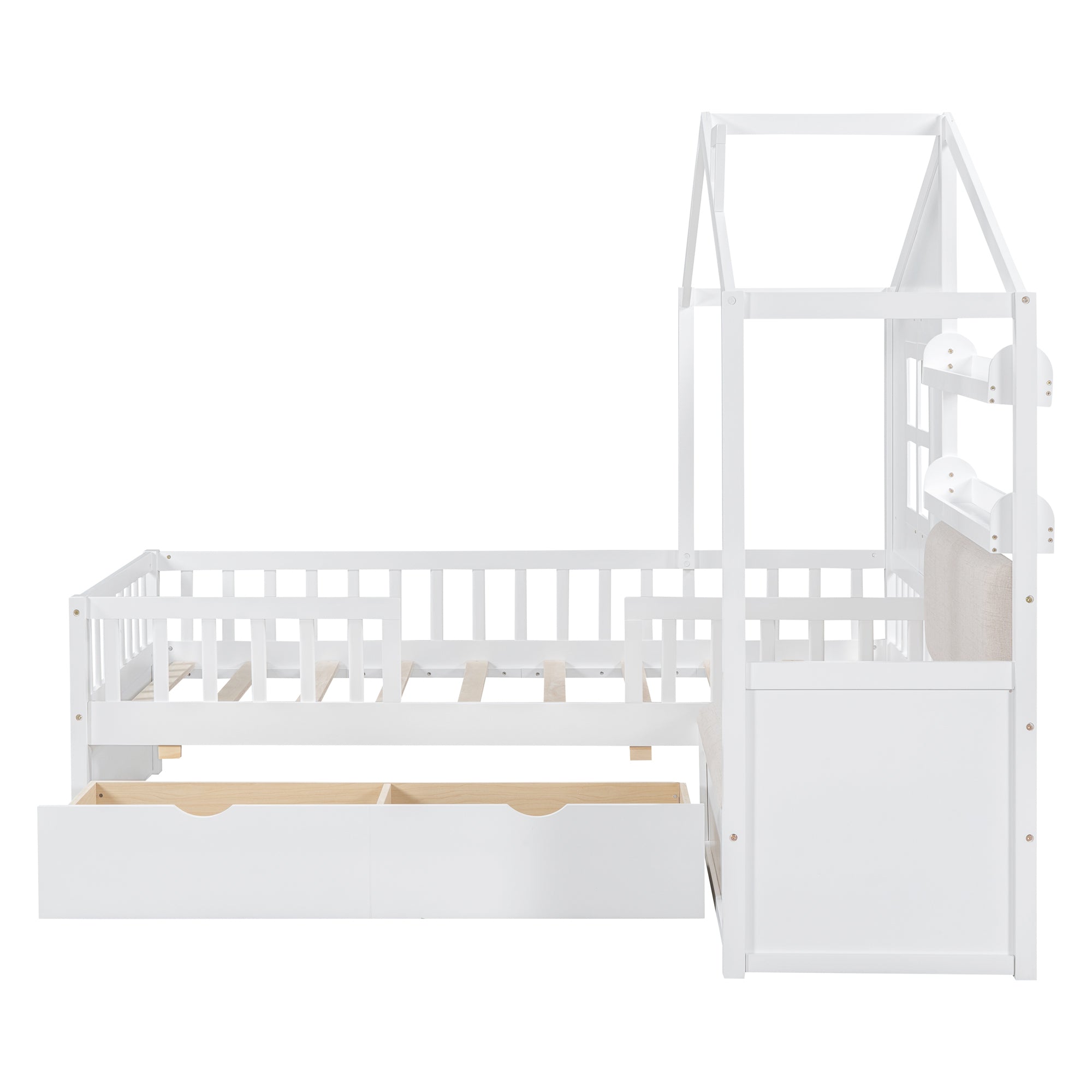 Twin Size House Bed with Sofa, Kids Platform Bed with Two Drawers and Storage Shelf, White