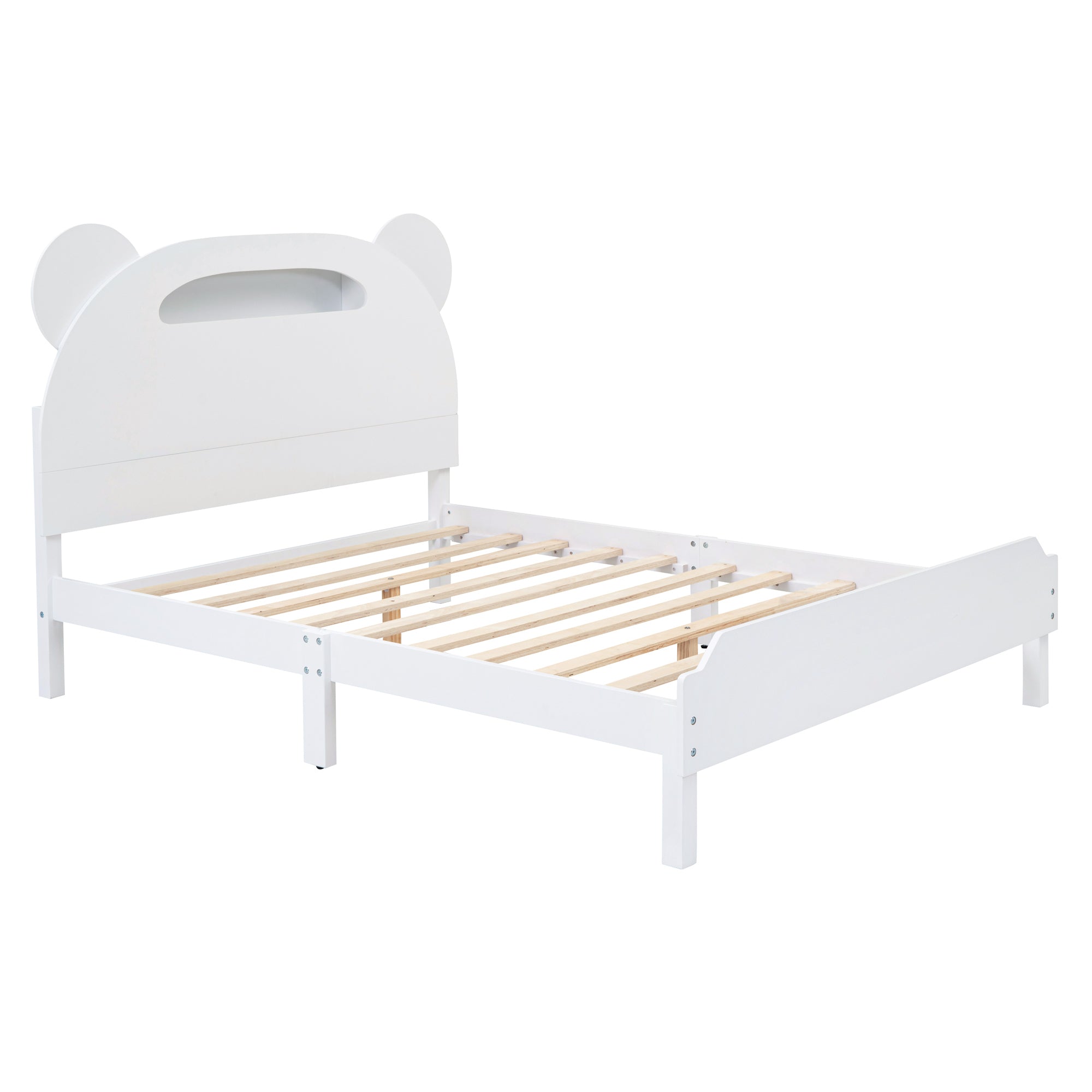 Full Size Wood Platform Bed with Bear-shaped Headboard,Bed with Motion Activated Night Lights,White