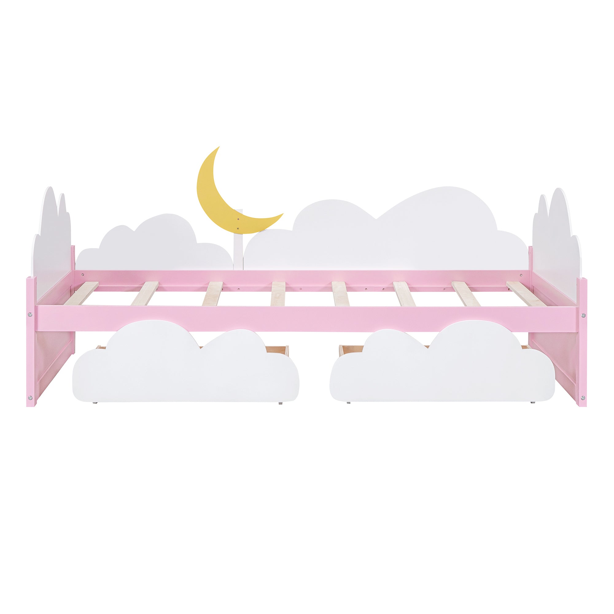 Twin Size Bed with Moon Decor, Platform Bed with 2 Drawers (White+Pink)