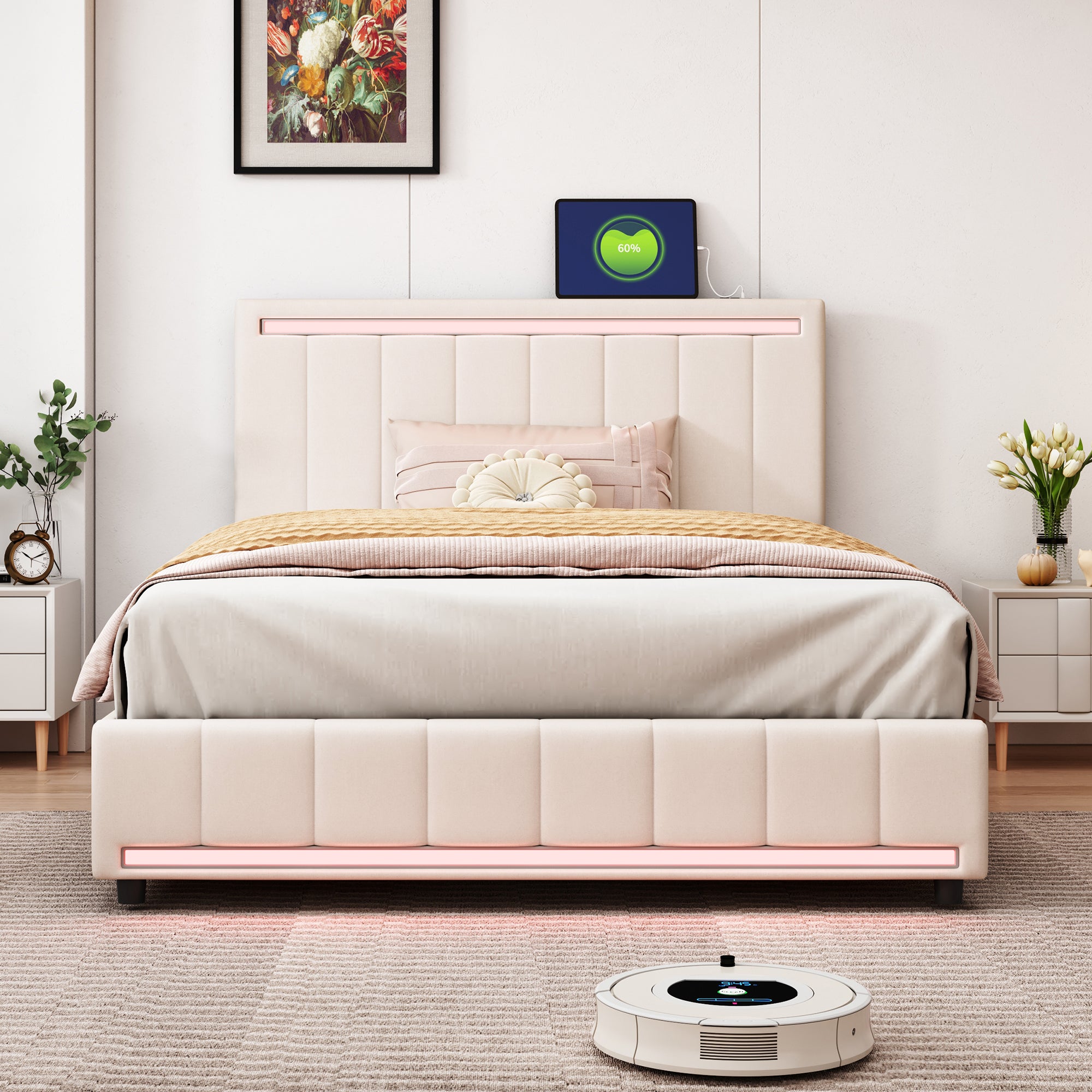 Full Size Upholstered Bed with LED Light and 4 Drawers, Modern Platform Bed with a set of Sockets and USB Ports, Linen Fabric, Beige