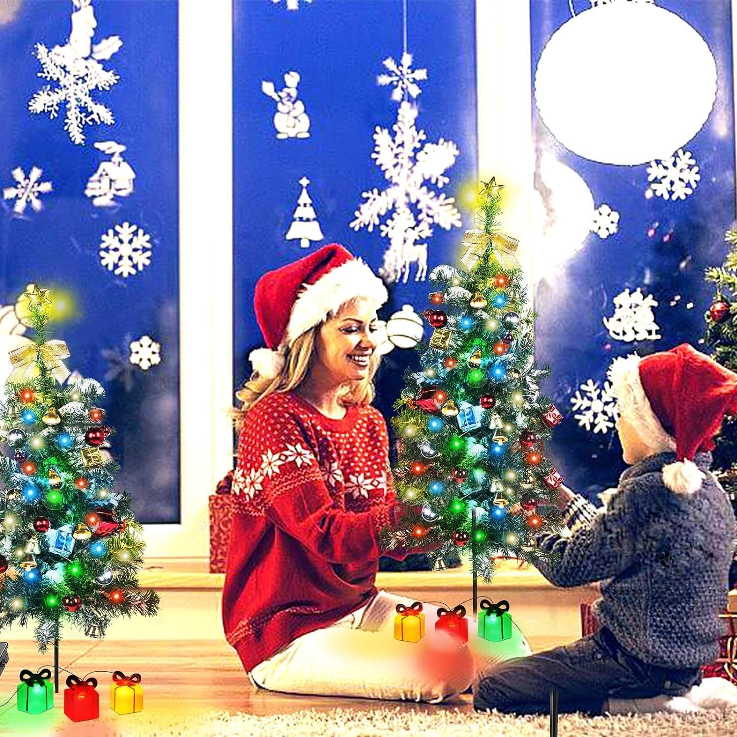 Solar Mini Christmas Tree Light Outdoor Decoration, 30 Inch Solar Tree Lights with 30 LED 8 Flashing Modes Decorated Prelit Gift Boxes & Ornaments for Pathway Patio Yard Garden Cemetery, 2PCS