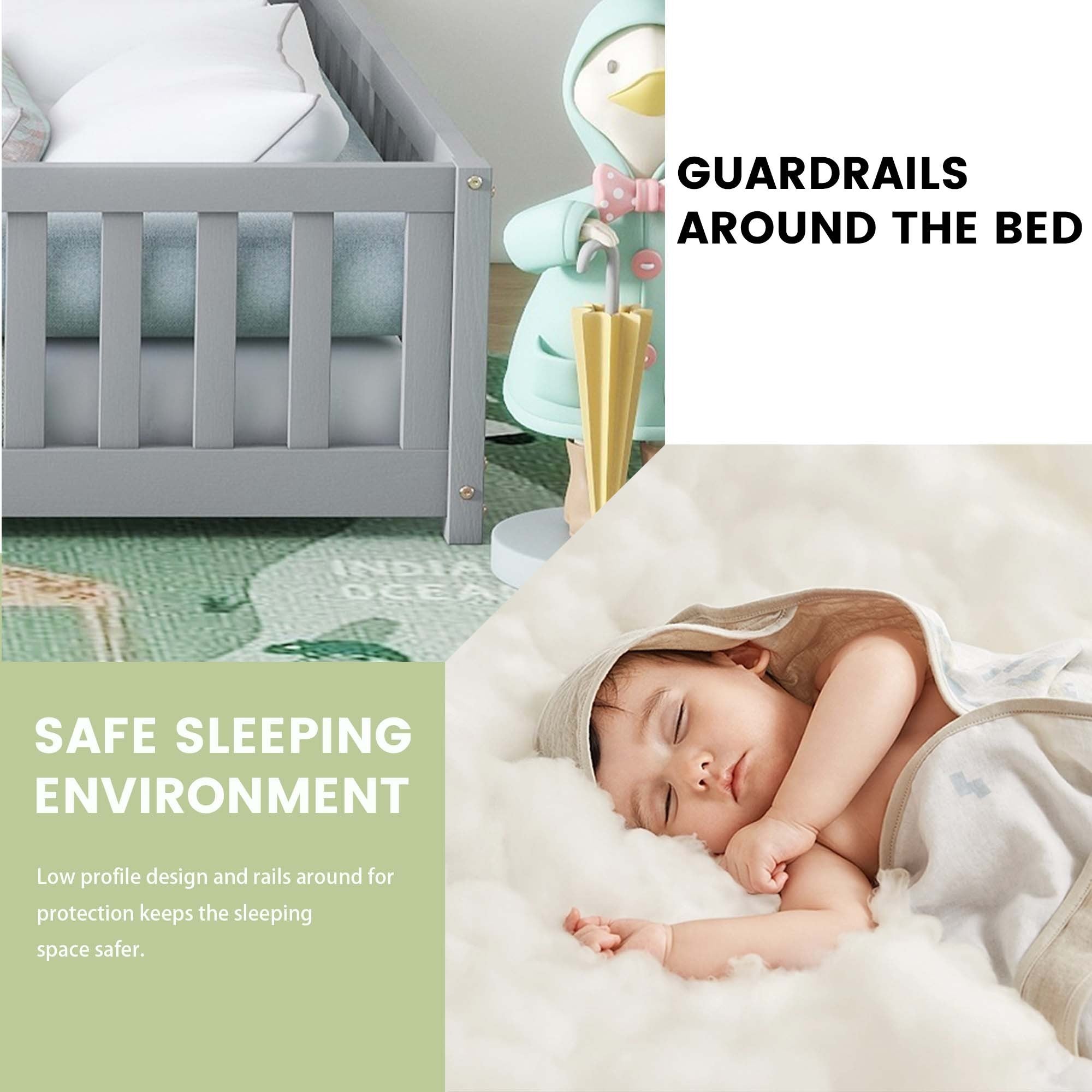 Queen Size Bed Floor Bed with Safety Guardrails and Door for Kids, Gray (Expect Arrival Date Nov.2nd)