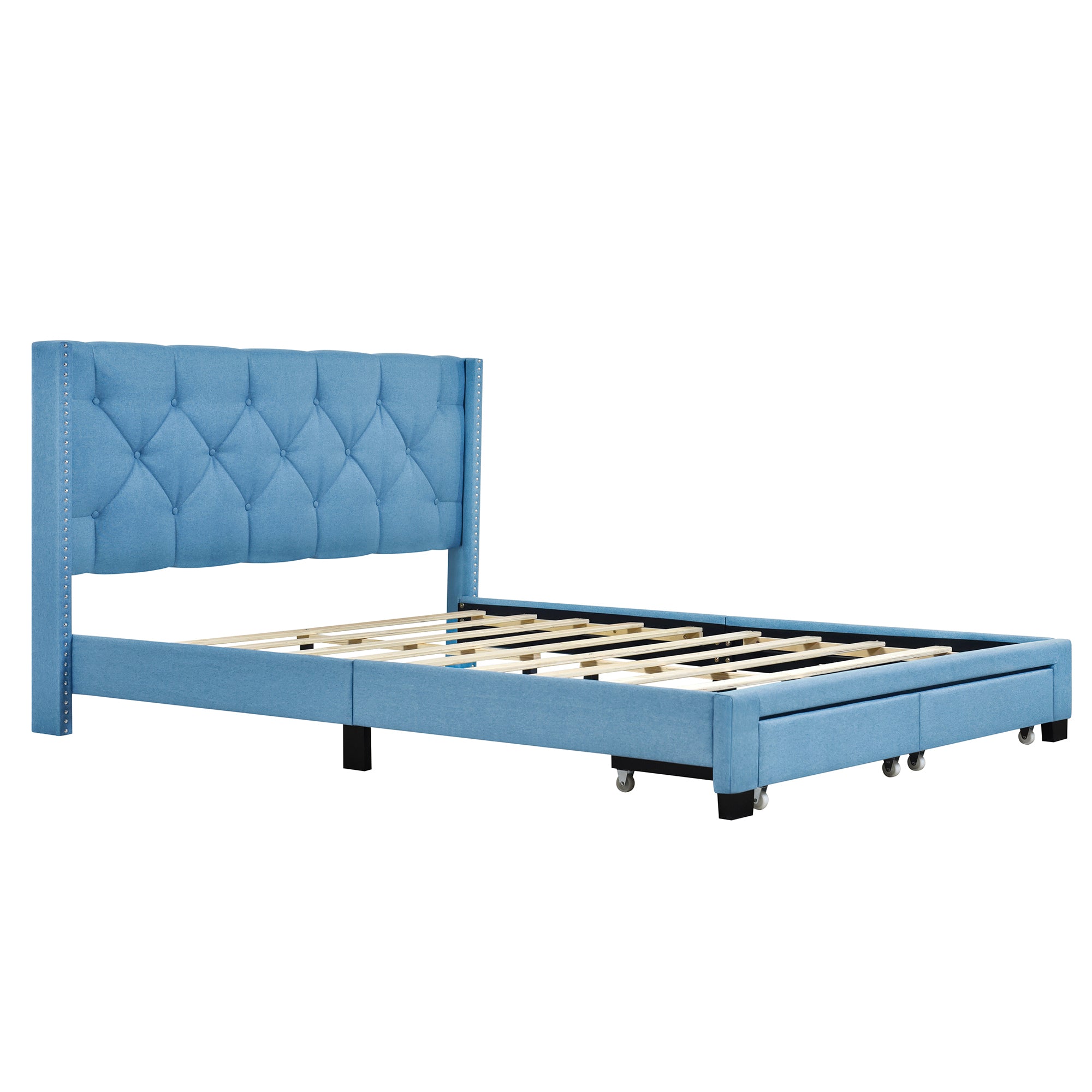 Queen Size Storage Bed Linen Upholstered Platform Bed with Two Drawers - Blue