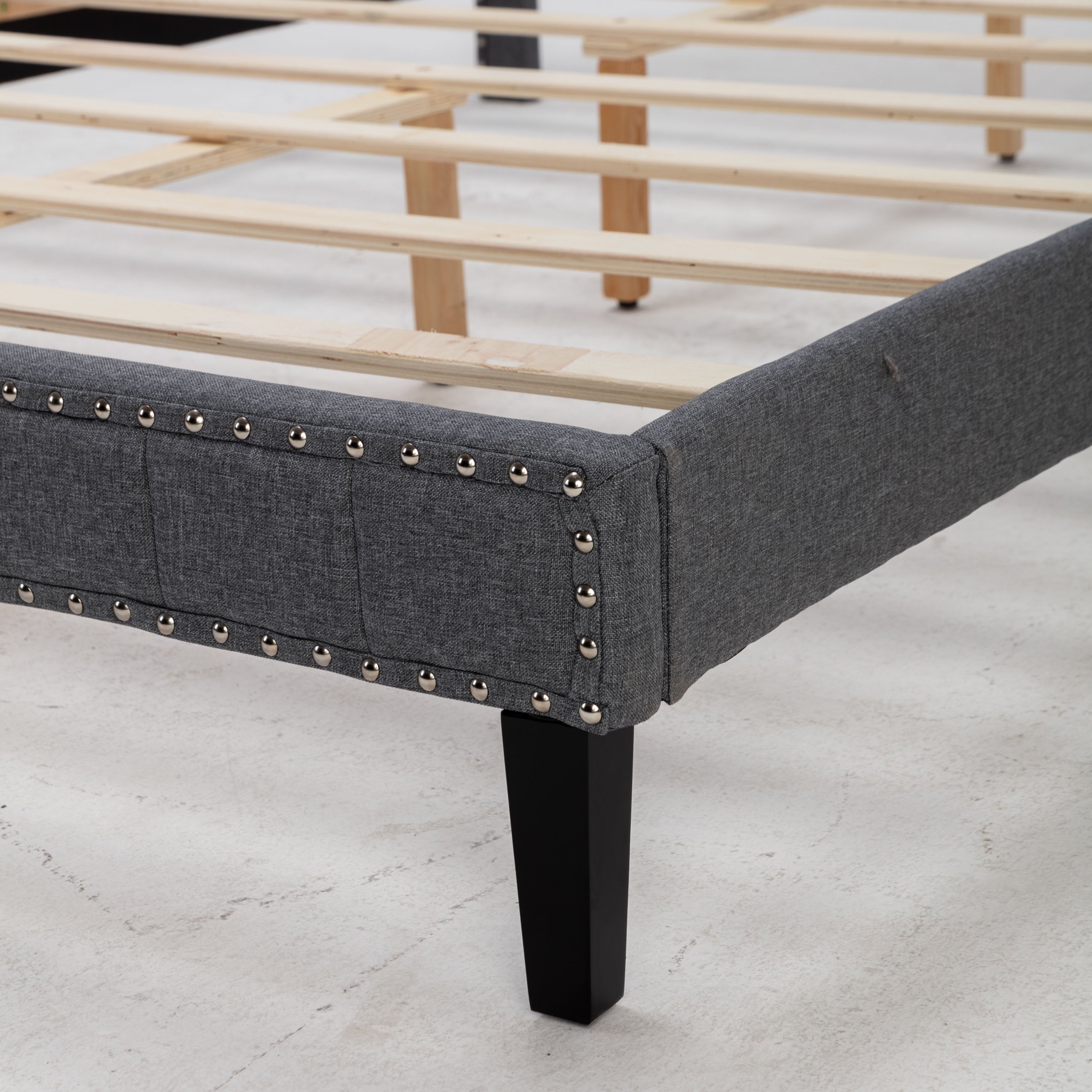 DongHeng Queen Size Bed with Headboard, Modern Linen Curved Upholstered Platform Bed , Solid Wood Frame , Nailhead Trim, Gray