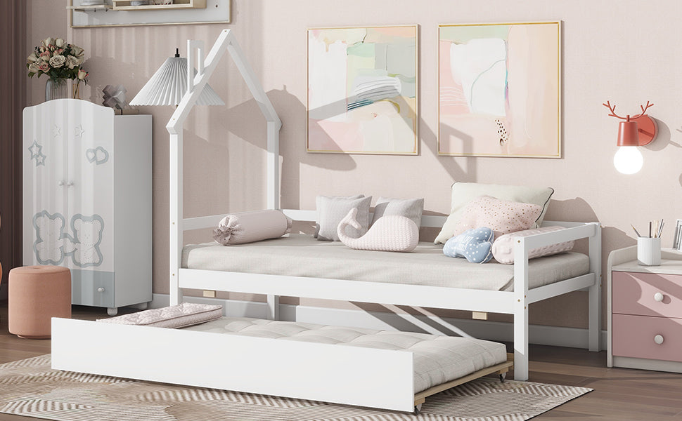 Twin Wooden Daybed with trundle, Twin House-Shaped Headboard bed with Guardrails,White