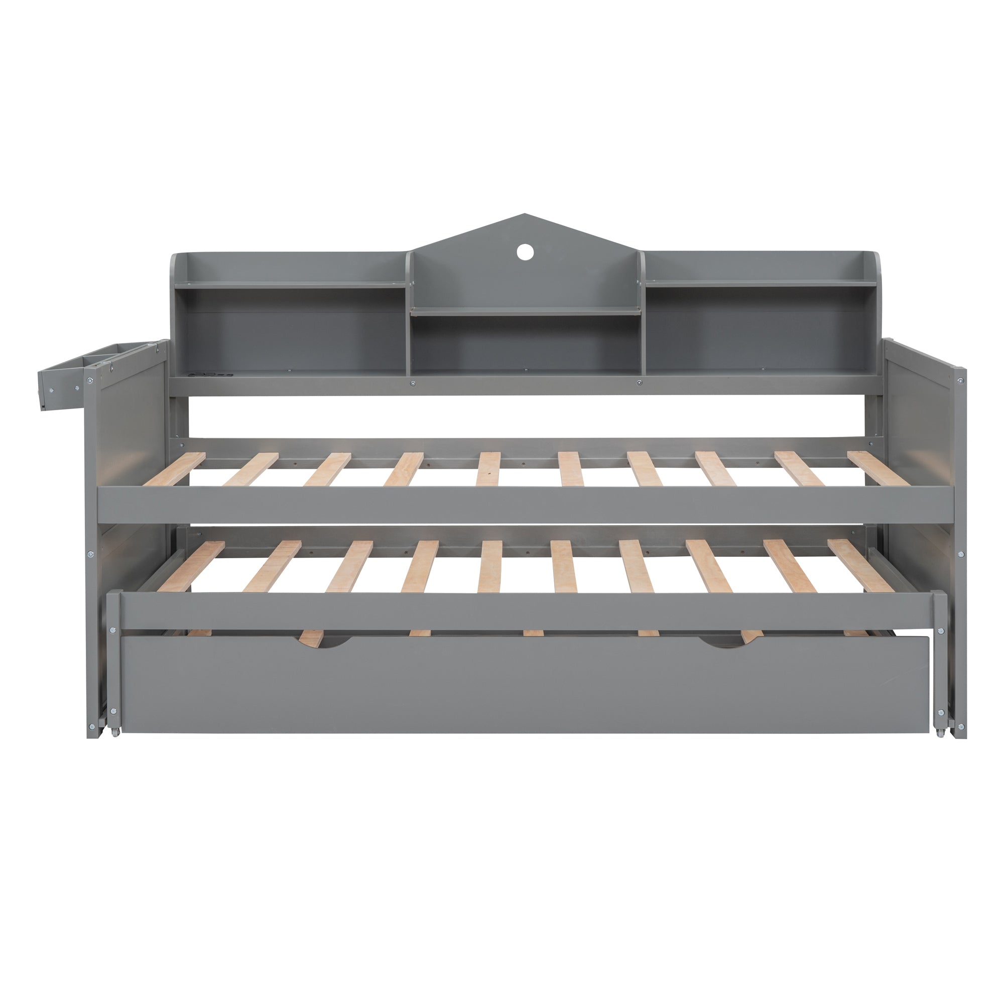 Twin XL Wooden Daybed with 2 Twin Trundles and Storage Shelf, Daybed with USB Charging Ports, No Box-spring Needed, Gray