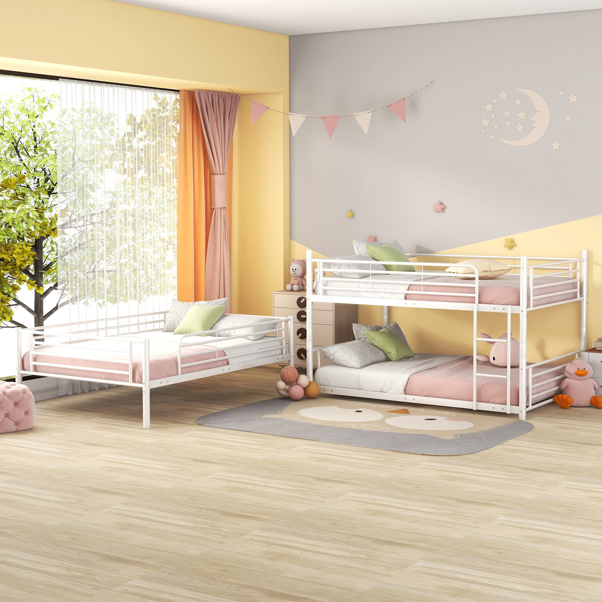 Full-Full-Full Metal Triple Bed with Built-in Ladder, Divided into Three Separate Beds,White(OLD SKU:LP000297AAK)
