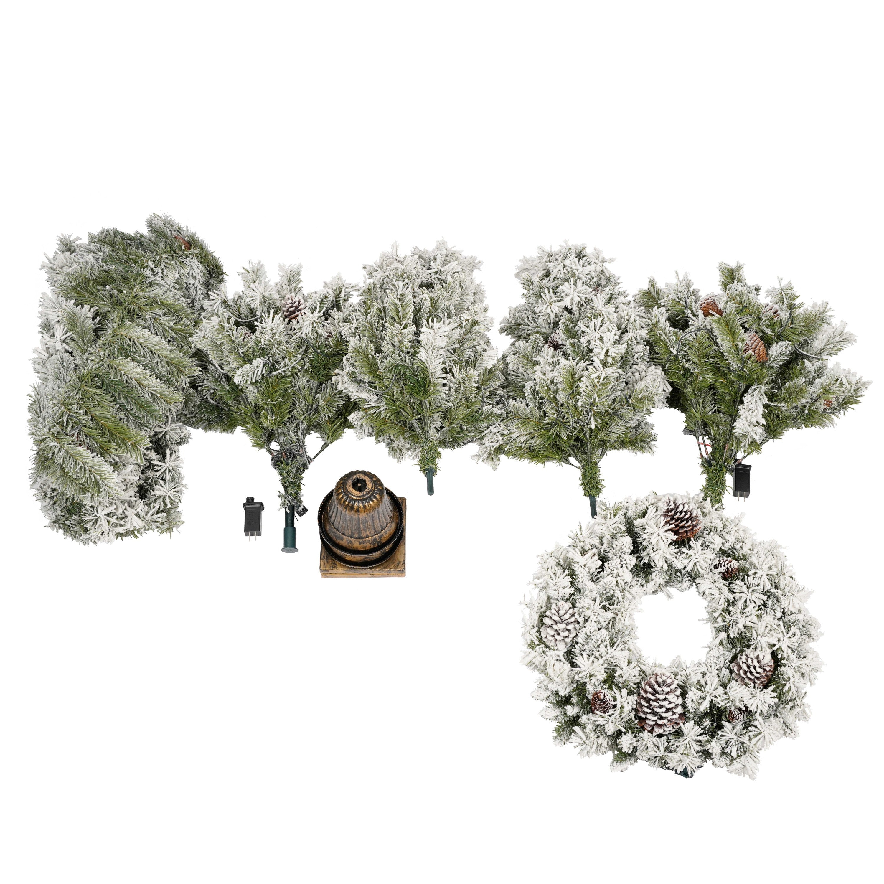 Pre-lit Xmas Tree Artificial Christmas 4-Piece Set,Garland, Wreath and Set of 2 Entrance Trees X-mas with LED Lights, Christmas Tree