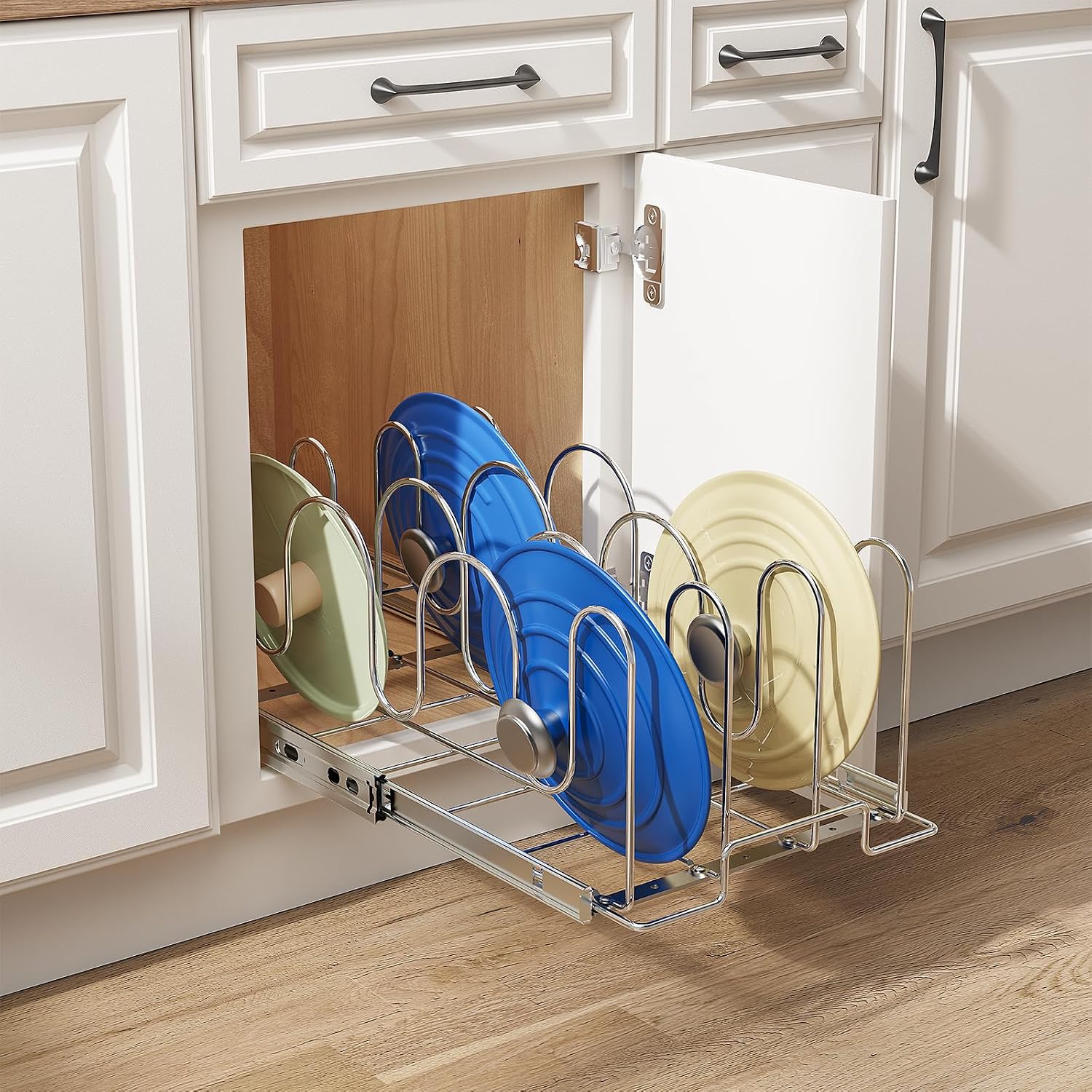 Slide Out Pan and Pot Lid Organizer for Cabinet, Kitchen Pull Out Pot Lid Rack Pantry Cutting Board Bakeware Cookware Holder - 11in. W x 21in. D - Chrome