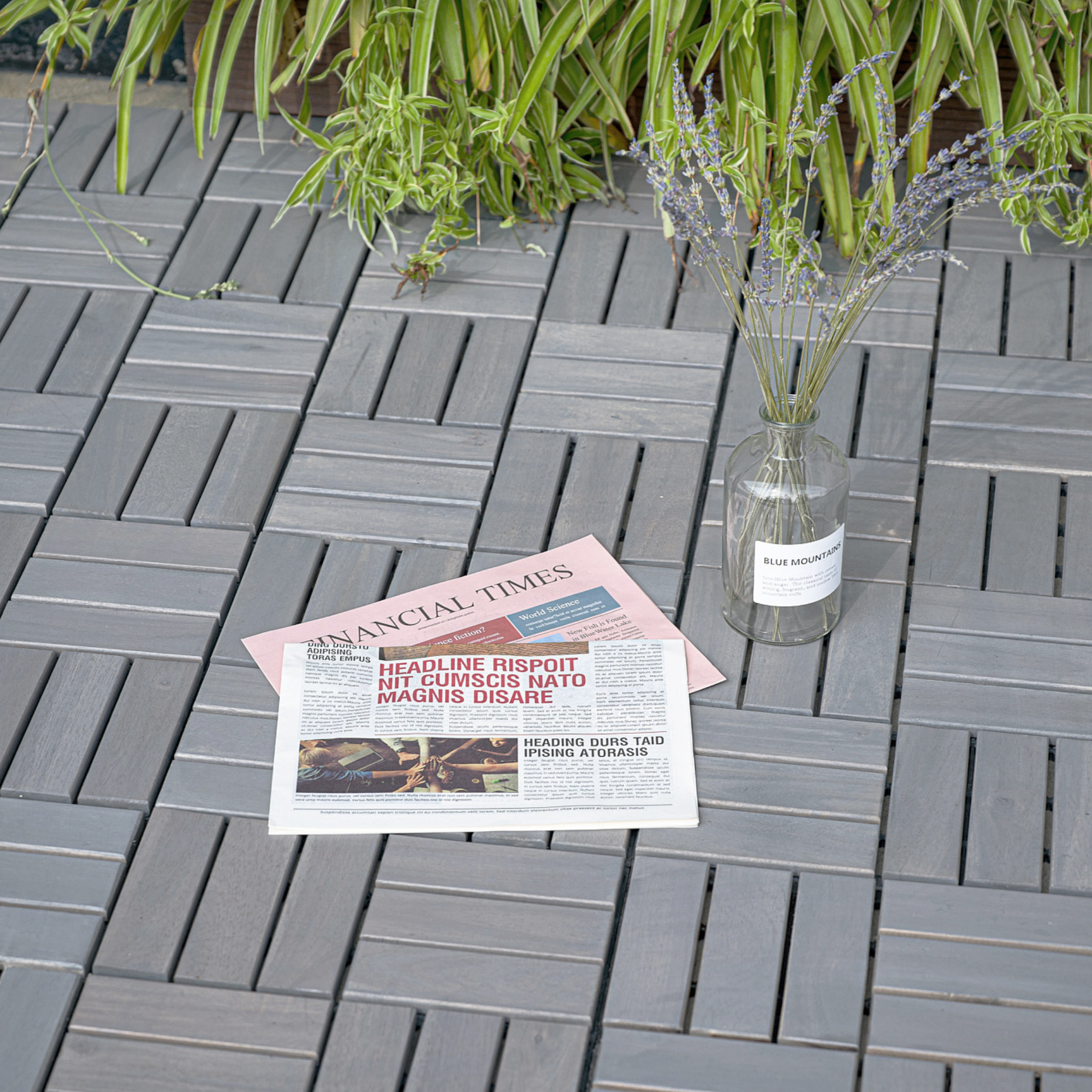 30 PCS Interlocking Deck Tiles Checker Pattern, 12" x 12" Square Light Gray Acacia Hardwood Outdoor Flooring for Patio, Bancony, Pool Side,...