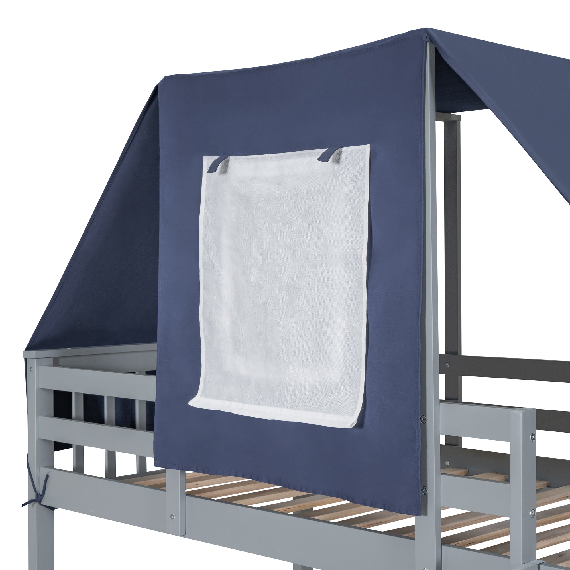 Twin Over Twin Bunk Bed Wood Bed with Tent and Drawers, Gray+Blue Tent
