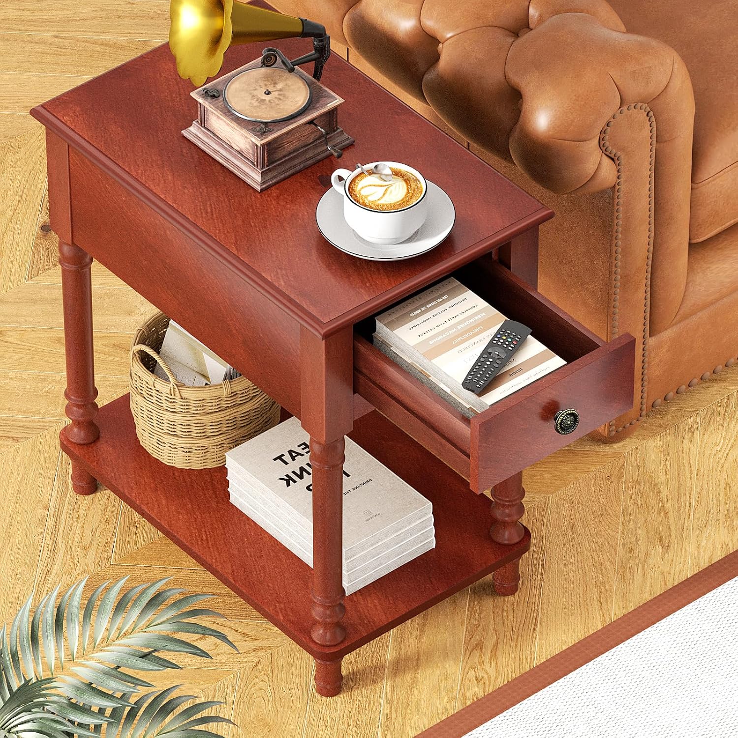 Solid Wood End Table with Drawer and Shelf | Narrow Side Table Living Room, Vintage Wood Narrow Sofa Side Table, Nightstand for Bedroom